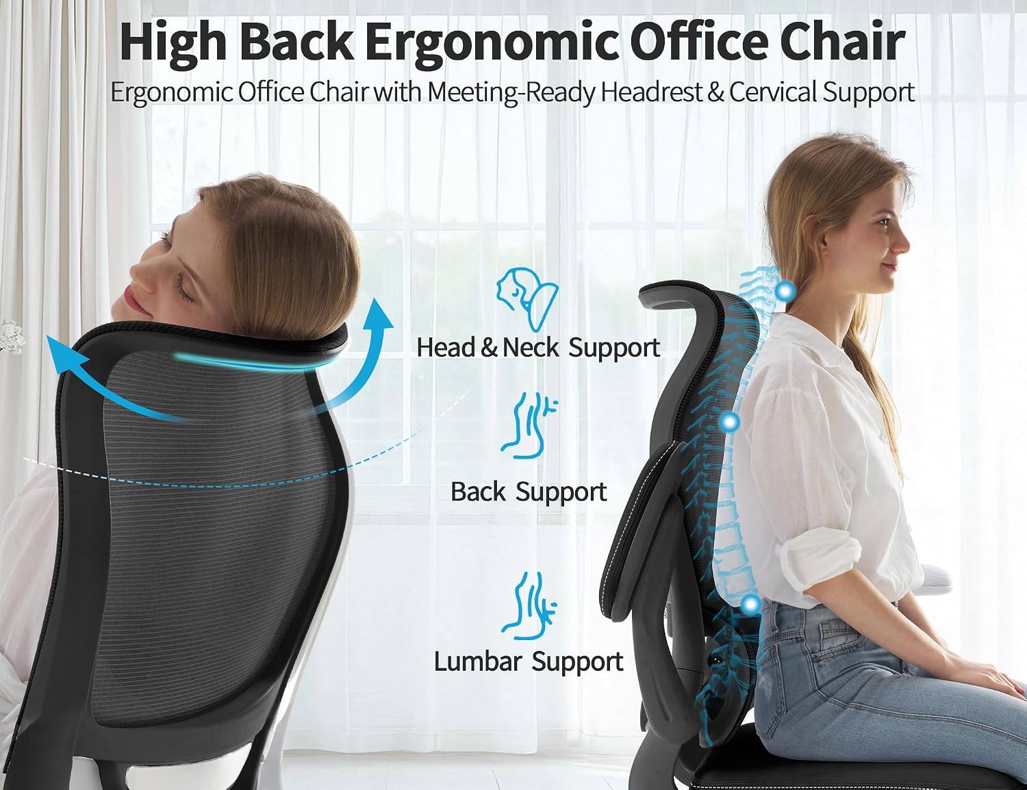 TRALT Ergonomic Office Chair - Desk Chair with Wave High Back Adjustable Lumbar Support Computer Chair - Gaming Chairs Mesh Backrest and PU Leather Seat for Home Reading Chairs (Black Pack of 8)