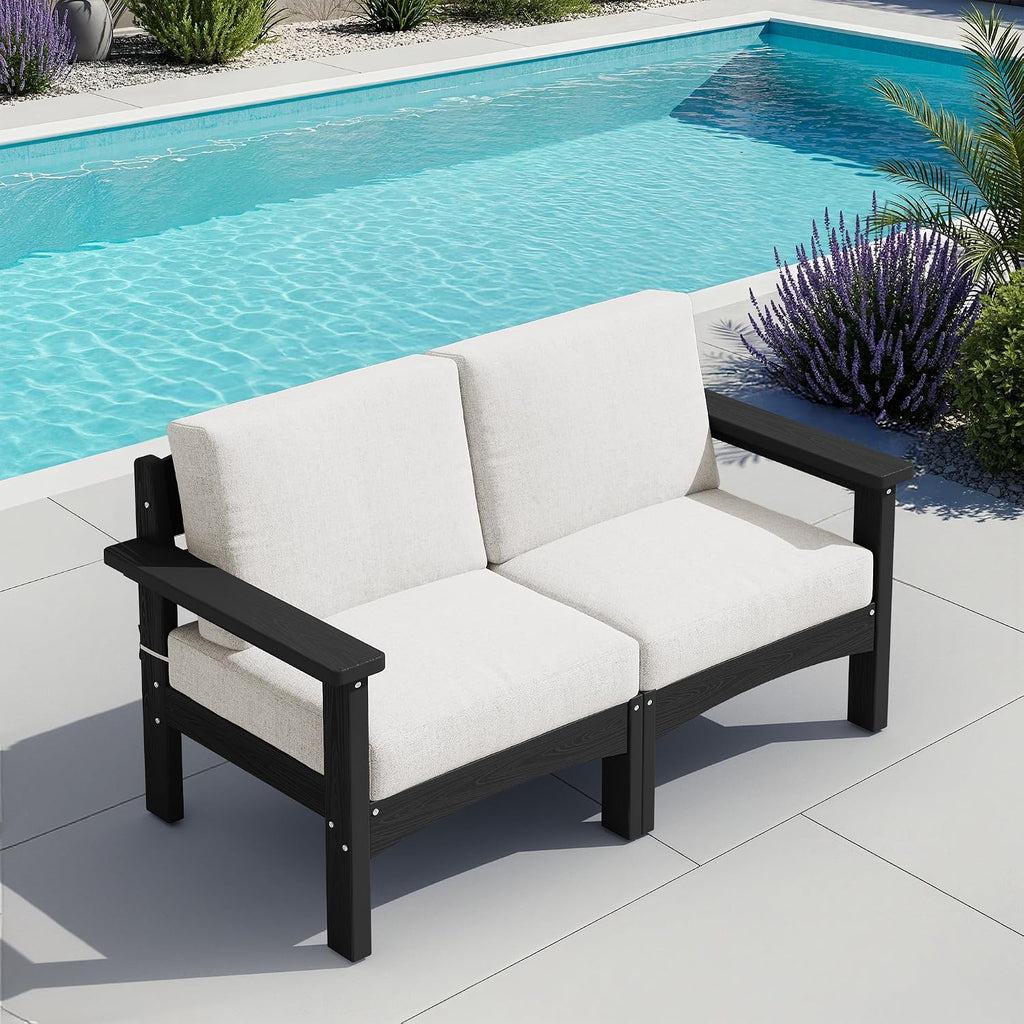SERWALL HDPE Patio Loveseat Sofa, 2 Pieces Single Sofa, Weather-Resistant Outdoor Furniture Chair with Thick Removable Cushion, Balcony, Garden, Backyard, Poolside, Black Frame with Khaki Cushion