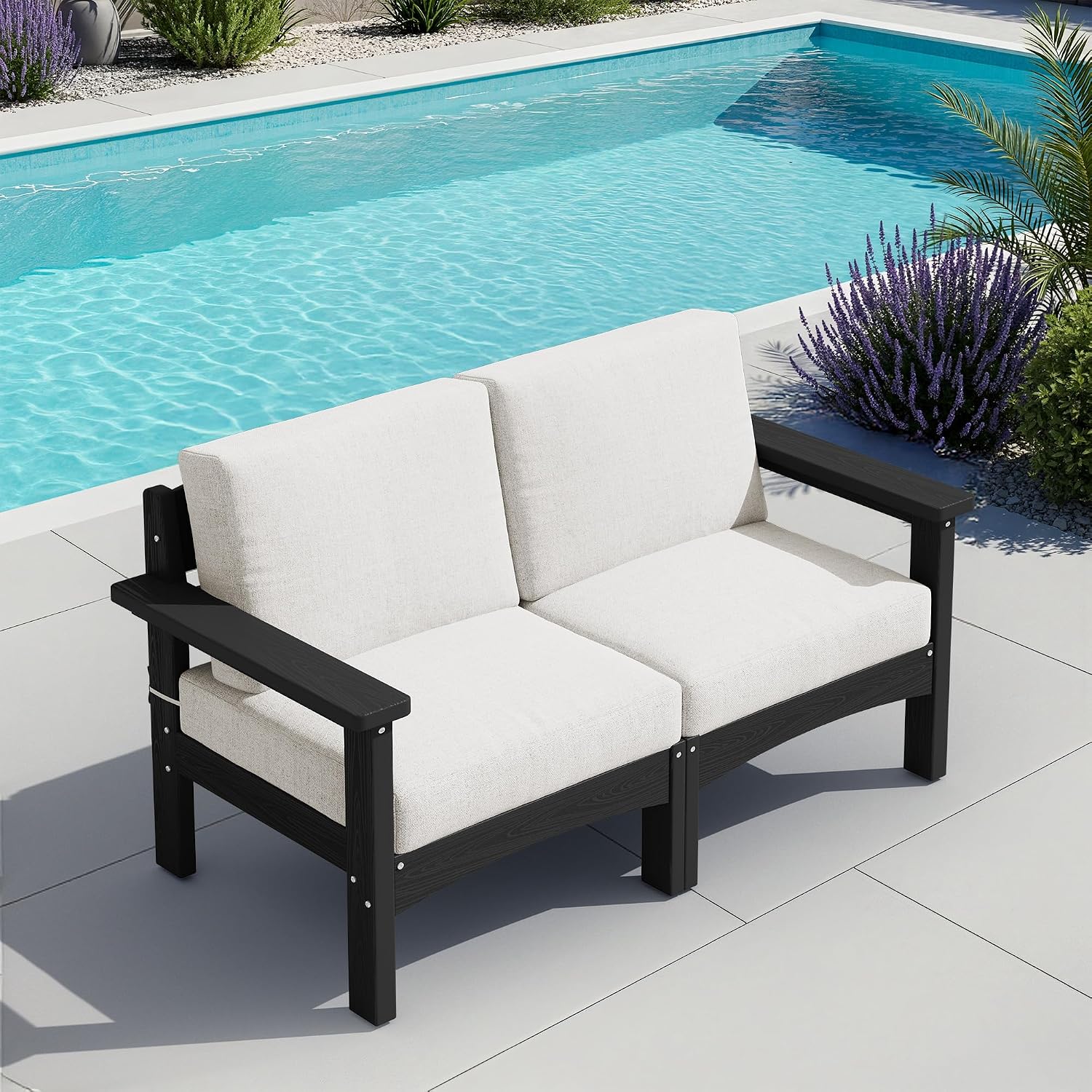 SERWALL HDPE Patio Loveseat Sofa, 2 Pieces Single Sofa, Weather-Resistant Outdoor Furniture Chair with Thick Removable Cushion, Balcony, Garden, Backyard, Poolside, Black Frame with Khaki Cushion