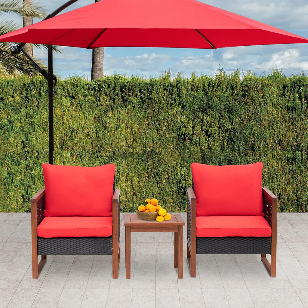 FDW Patio Bistro Set 3-Piece Acacia Wood Outdoor Chat Conversation Table Chair Set Outdoor Wood Chat Set with Water Resistant Cushions and Coffee Table for Beach Backyard Garden,Red Cushion