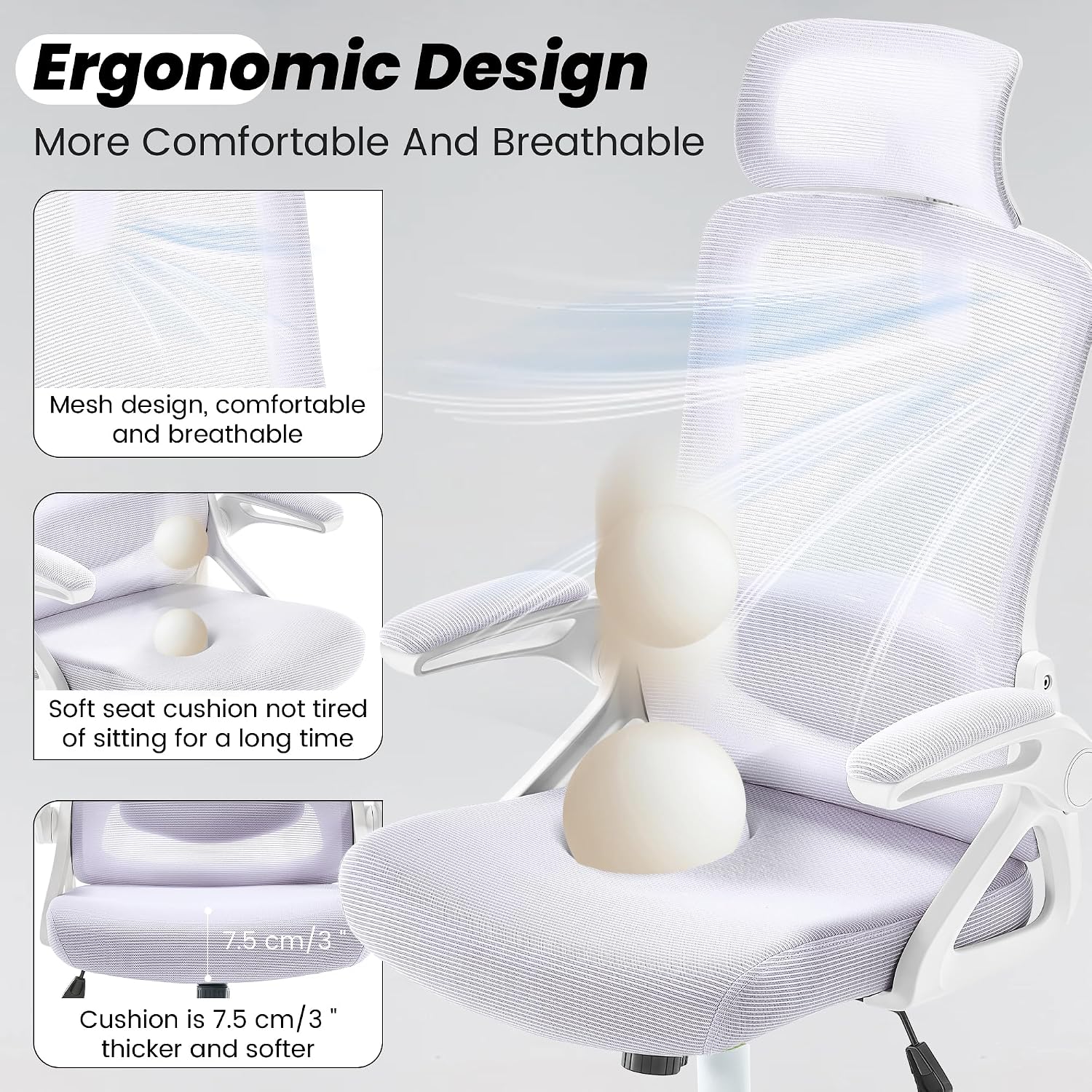 Fizzin Ergonomic Office Chair, 400 LBS Desk Chair with Adjustable Lumbar Support, High Back Breathable Mesh Computer Chair Rolling Work Swivel Task Chairs, Comfy Home Office Desk Chair (Lavender)