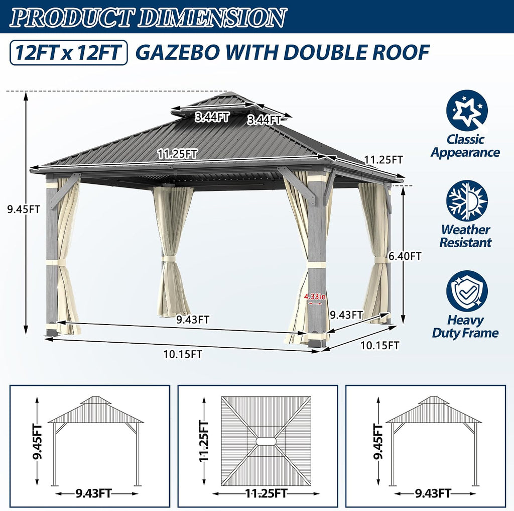 COVERONICS 12'x12' Outdoor Wood Gazebo - Hardtop Wooden Gazebo with Galvanized Steel Roof, Heavy-Duty Pavilion with Netting & Curtains for Garden, Poolside, Deck, Backyard