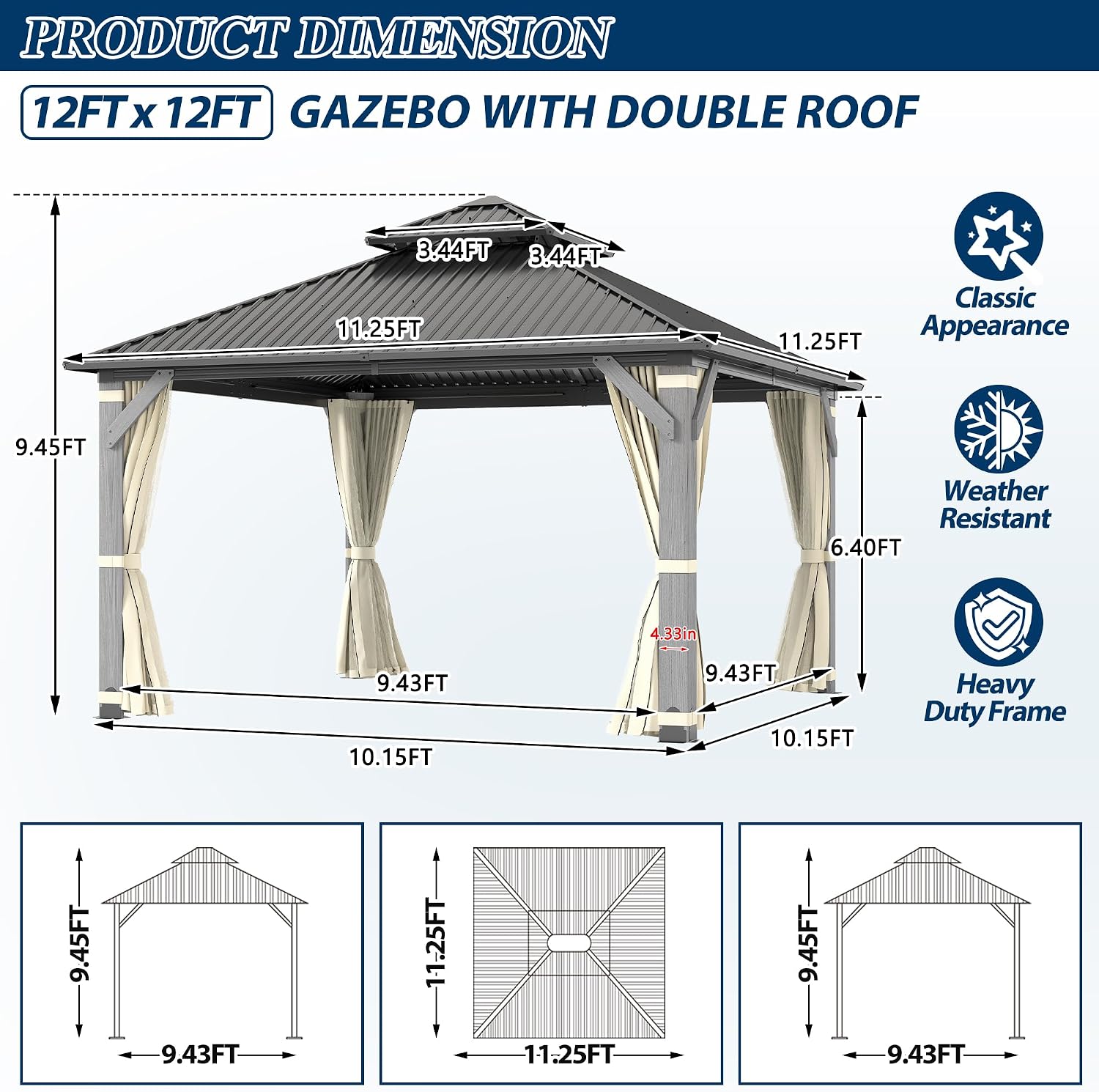 COVERONICS 12'x12' Outdoor Wood Gazebo - Hardtop Wooden Gazebo with Galvanized Steel Roof, Heavy-Duty Pavilion with Netting & Curtains for Garden, Poolside, Deck, Backyard