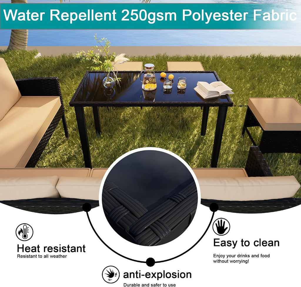 7 Pieces Patio Conversation Set, Outdoor Furniture Sectional with Throw Pillows and Anti-Slip Cushions, PE Rattan Sofa Set with Dining Table & Ottomans, Khaki