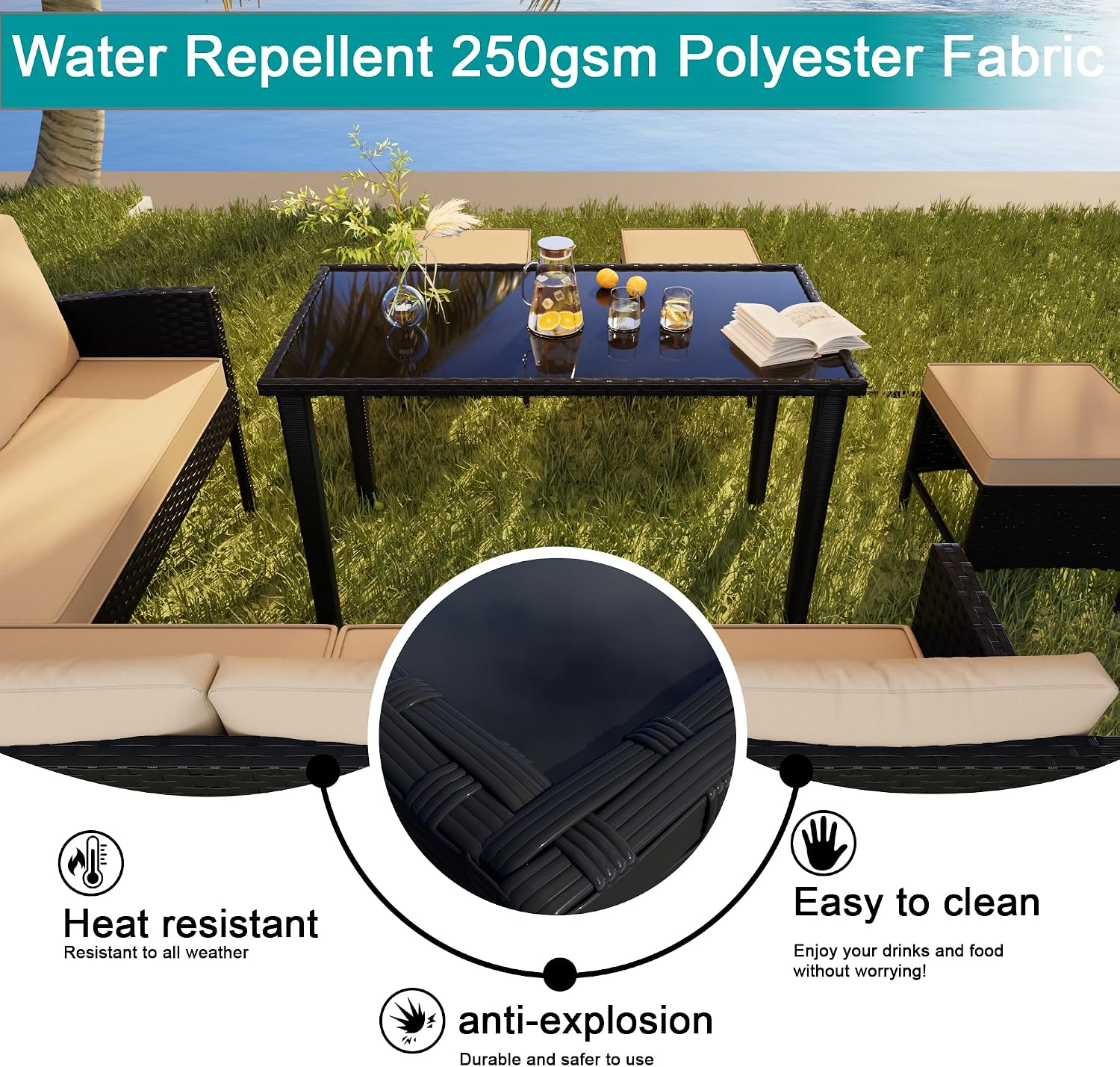 7 Pieces Patio Conversation Set, Outdoor Furniture Sectional with Throw Pillows and Anti-Slip Cushions, PE Rattan Sofa Set with Dining Table & Ottomans, Khaki