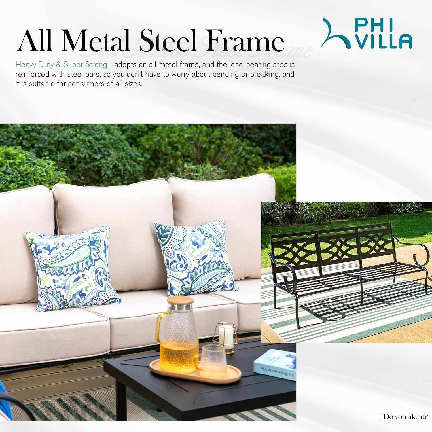 PHI VILLA Outdoor Patio Rocking Sofa Chairs Set of 2, Metal Patio Furniture Armchair,Heavy Duty Outdoor Sofas with 5.5' Thicken Cushions(Outdoor Sofa Complementary Set)