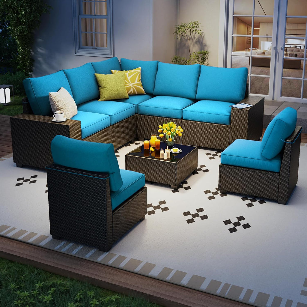 8 Piece Outdoor Patio Furniture Set, Outdoor Sectional Furniture, Rattan & Wicker Modern Modular Conversation Set Sofa Couch W/Water Resistant Washable Thick Cushions and Coffee Table, Peacockblue