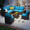 8 Piece Outdoor Patio Furniture Set, Outdoor Sectional Furniture, Rattan & Wicker Modern Modular Conversation Set Sofa Couch W/Water Resistant Washable Thick Cushions and Coffee Table, Peacockblue
