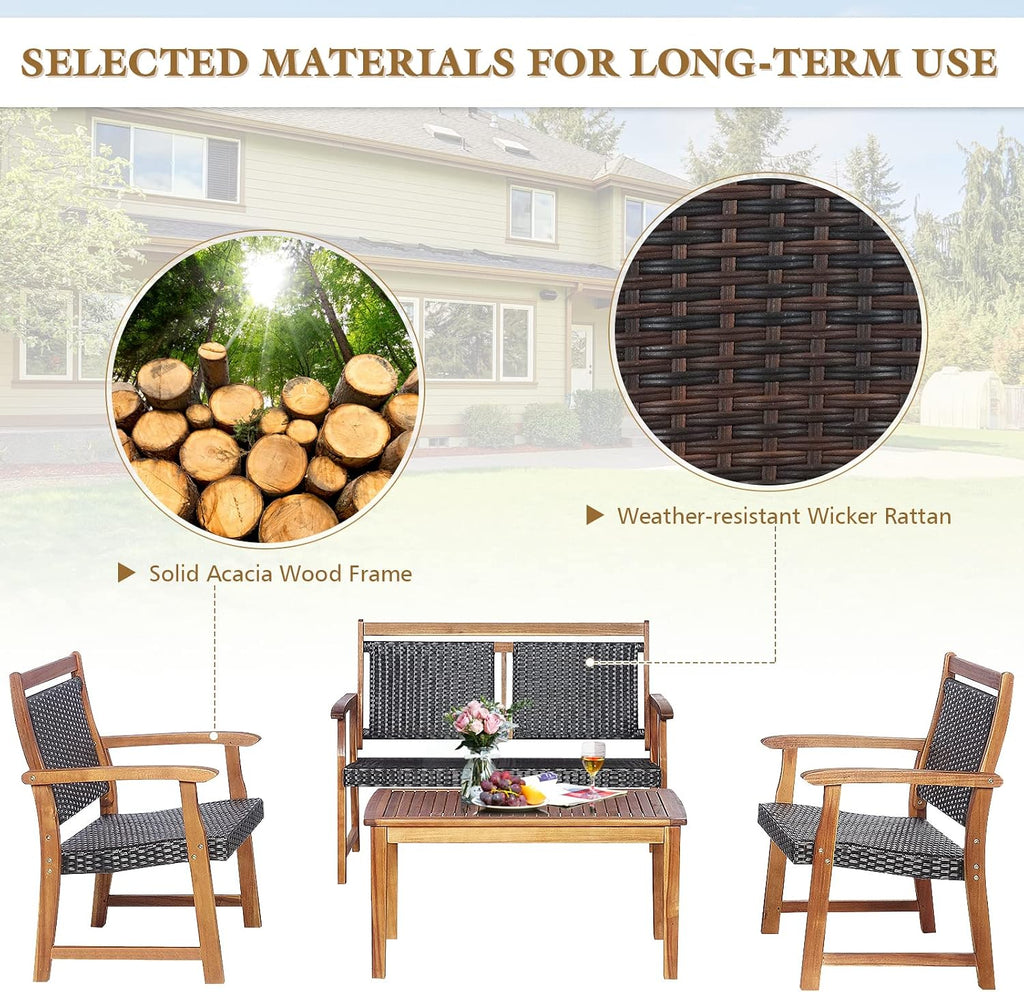 Tangkula 4 Pieces Patio Rattan Conversation Set with Acacia Wood Frame, Patiojoy Outdoor Furniture Set with Chairs & Coffee Table, Sectional Furniture Set for Garden, Backyard, Poolside