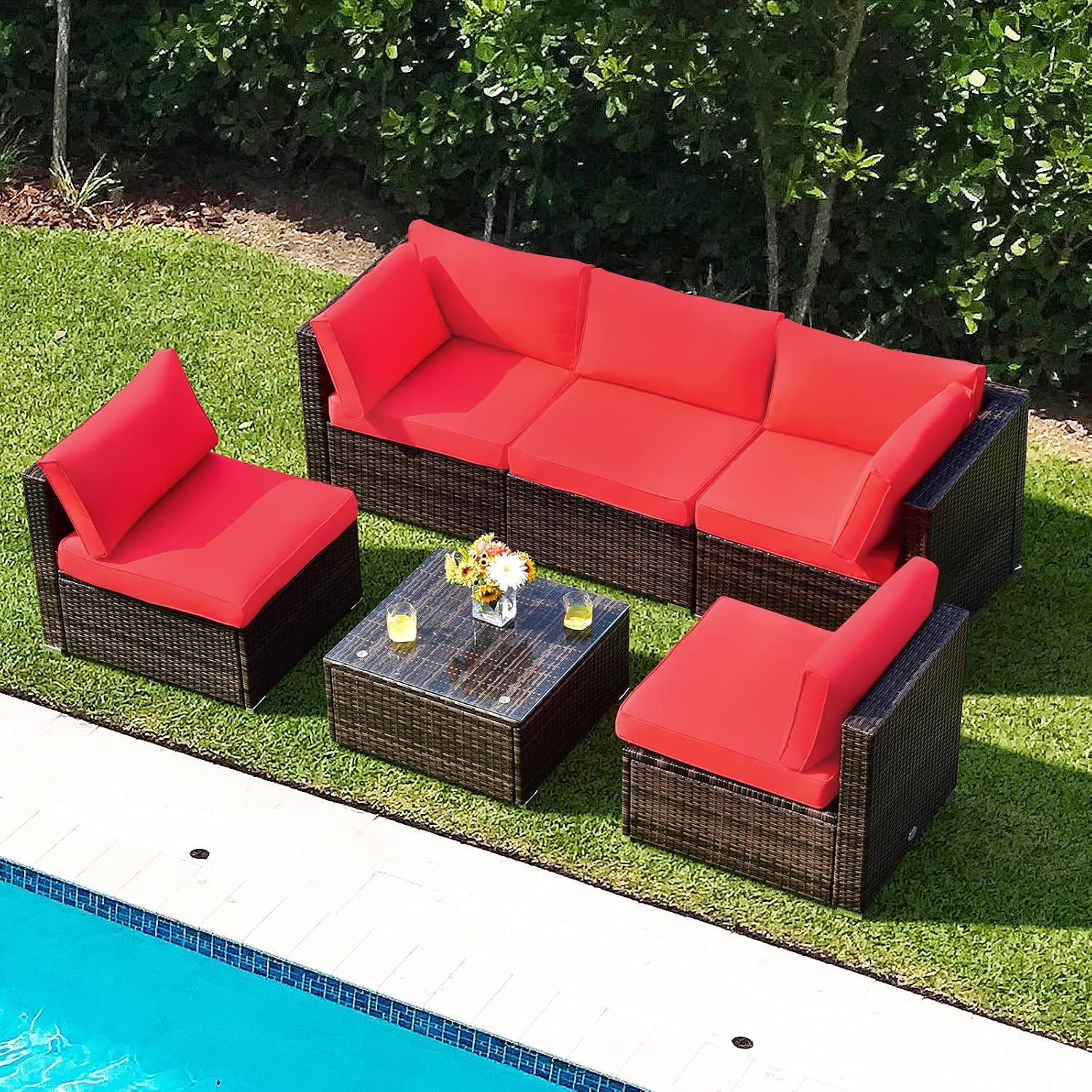 COSTWAY 6-Piece Outdoor Patio Furniture Set, Rattan Sectional Sofa Set with Tempered Glass Coffee Table and Cushions for Garden, Deck, Backyard (Red)