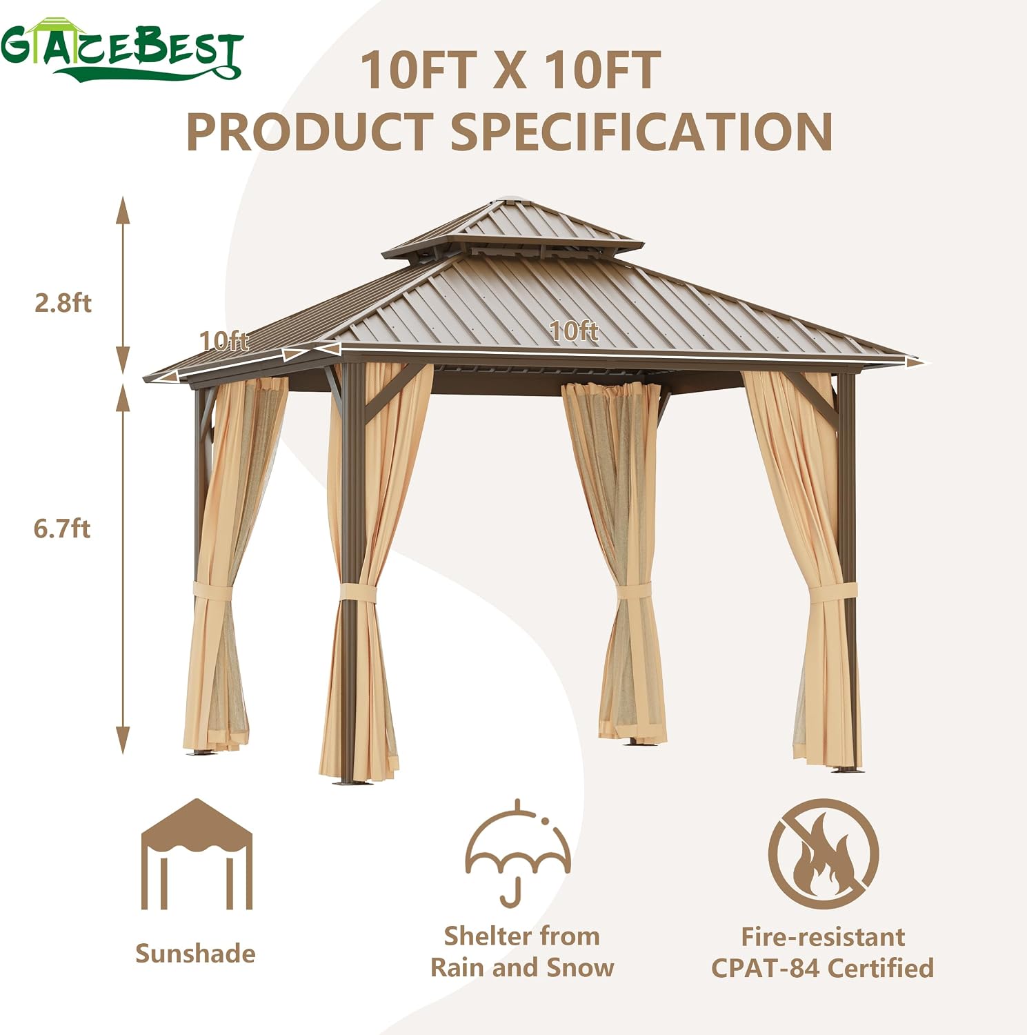 10'x10' Hardtop Gazebo Outdoor Aluminum Patio Gazebo Double Roof Galvanized Steel Canopy with Netting and Curtains,for Garden, Backyard,Deck and Lawns