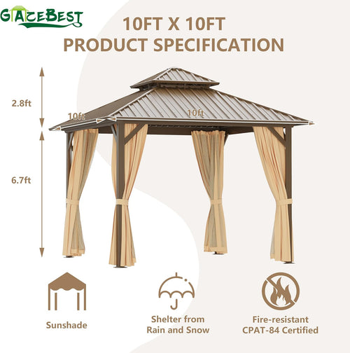 10'x10' Hardtop Gazebo Outdoor Aluminum Patio Gazebo Double Roof Galvanized Steel Canopy with Netting and Curtains,for Garden, Backyard,Deck and Lawns