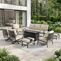 Sophia & William Patio Furniture Sets for 9 with 45' Gas Fire Pit Table Outdoor Conversation Sets 8 Pcs, 2xSofa Chairs, 2xSwivel Cushion Chairs, 1x3-Seat Sofa, 2xOttomans for Porch Poolside Beige
