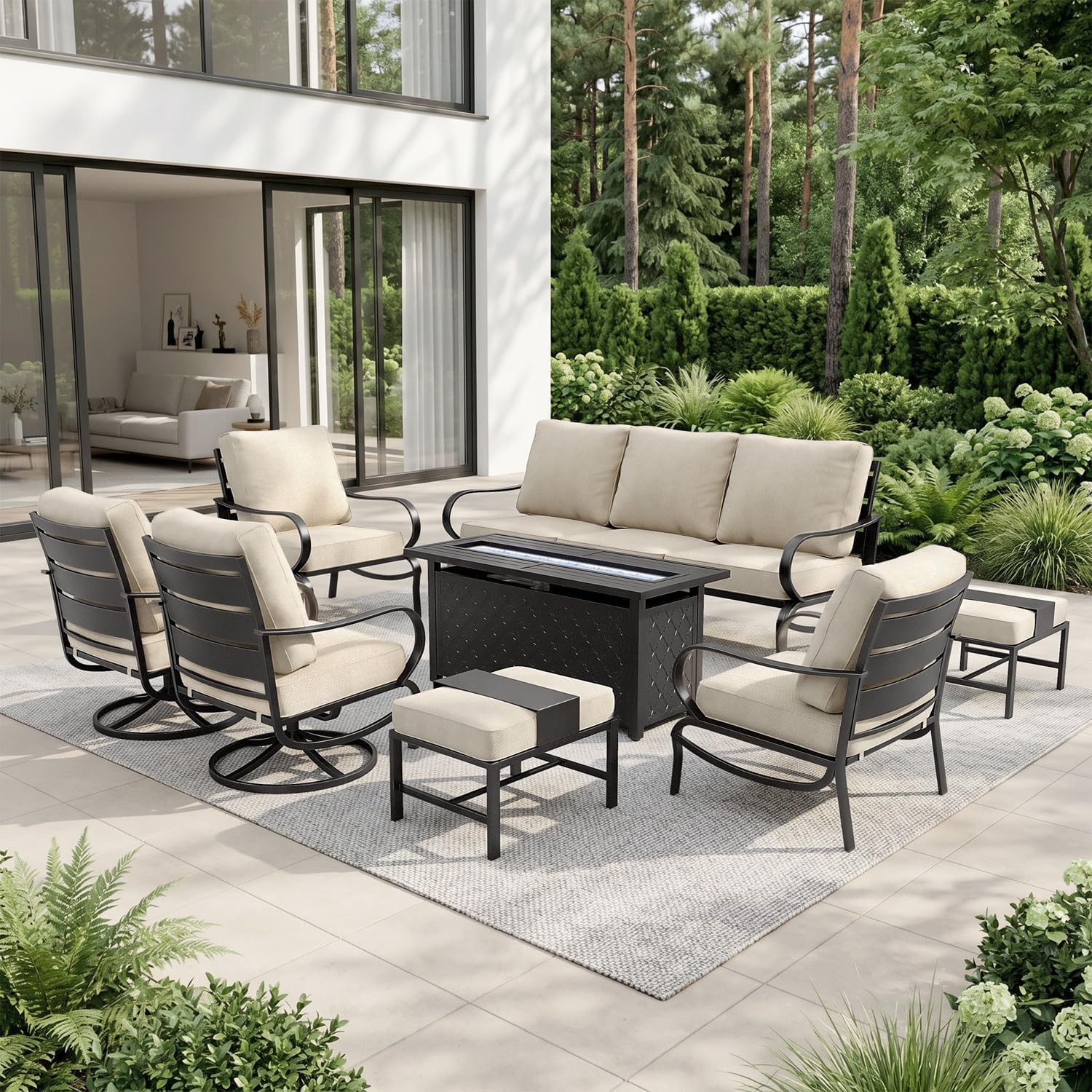 Sophia & William Patio Furniture Sets for 9 with 45' Gas Fire Pit Table Outdoor Conversation Sets 8 Pcs, 2xSofa Chairs, 2xSwivel Cushion Chairs, 1x3-Seat Sofa, 2xOttomans for Porch Poolside Beige