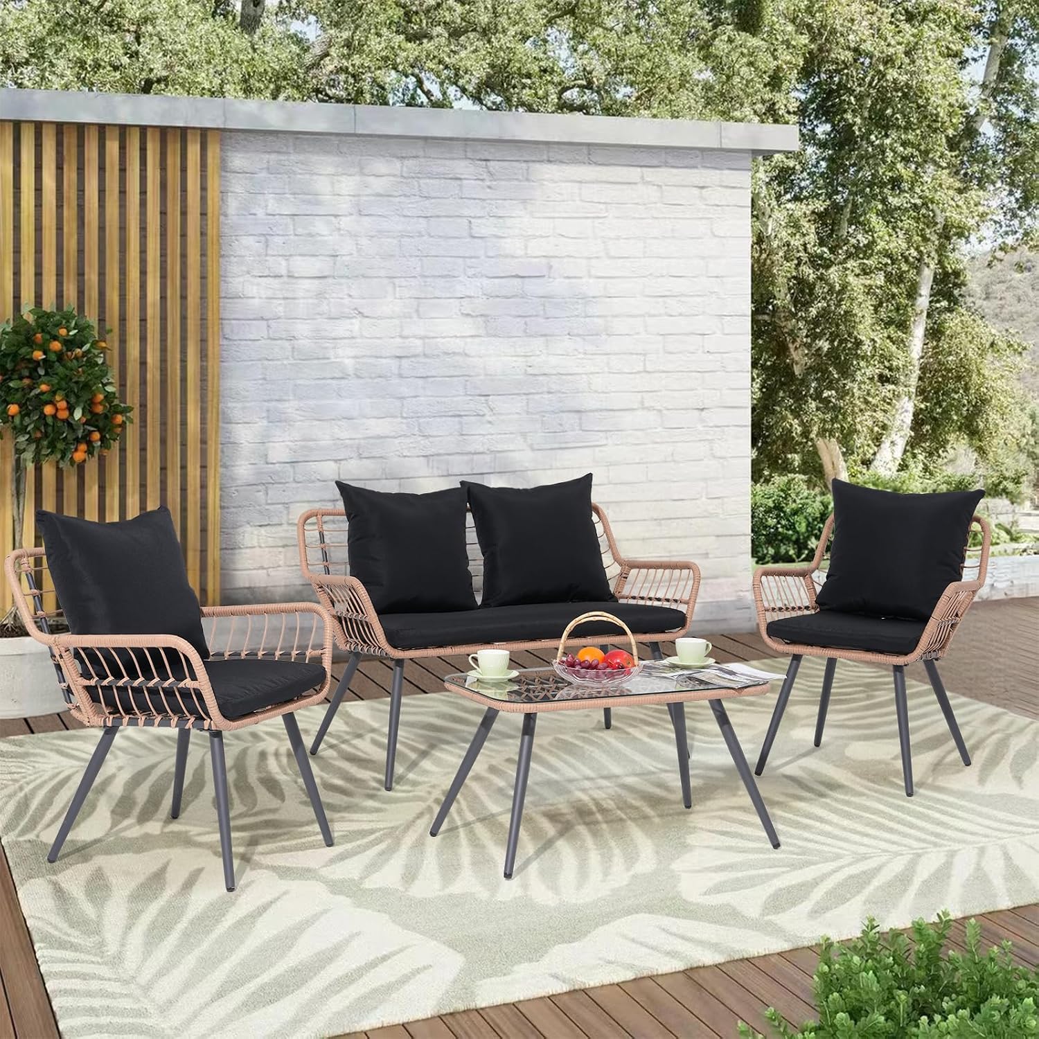 Verano Garden 4 Pieces Patio Furniture Set, Outdoor Wicker Patio Conversation Set for Porch Deck, Boho Loveseat & 2 Armchairs with Cushion and Pillow, Tempered Glass Table
