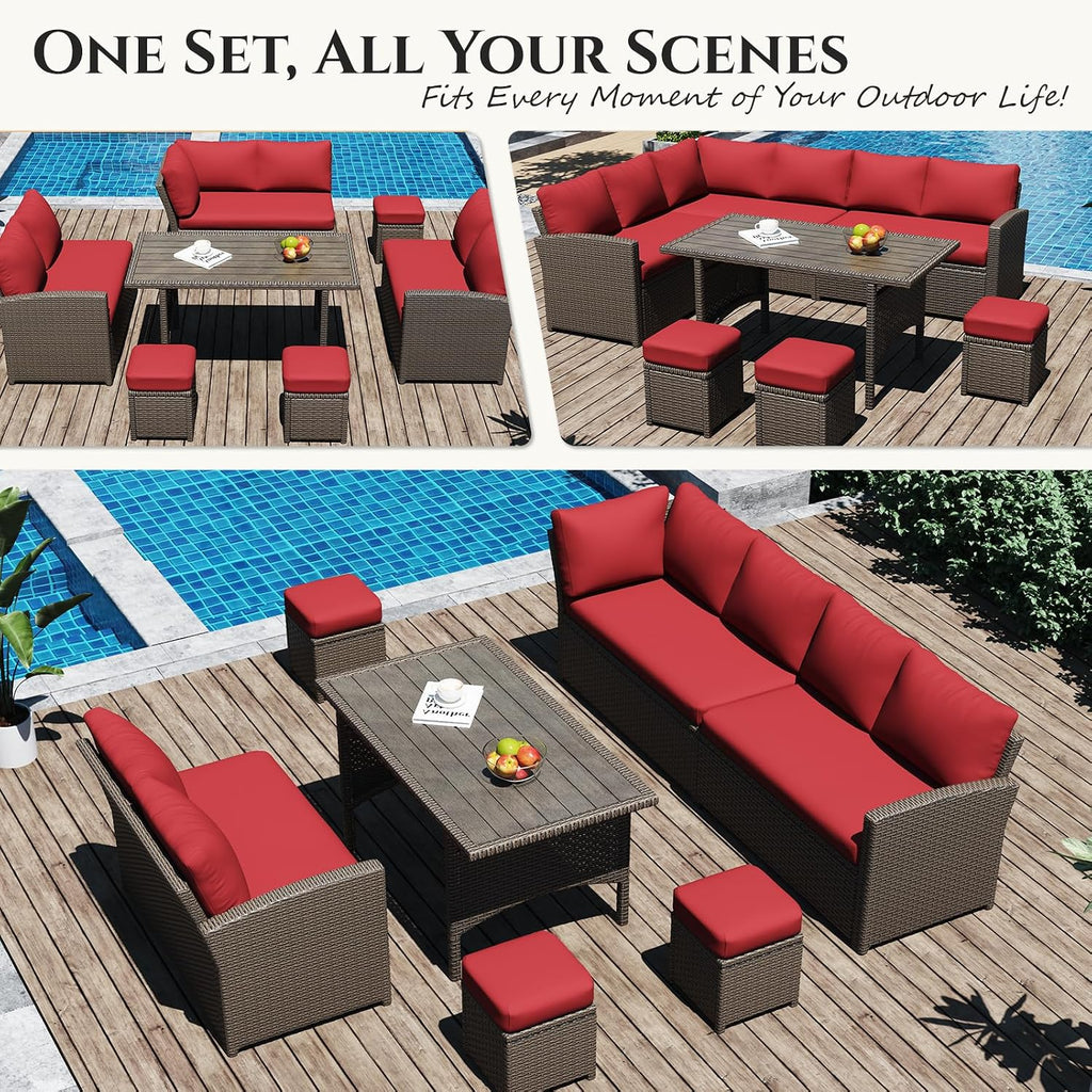 U-MAX 7 Pieces Patio Furniture Set, Outdoor Sectional Sofa Conversation Set, All Weather Wicker Rattan Dining Table & Chair with Ottoman, Brown Rattan&Red Cushion