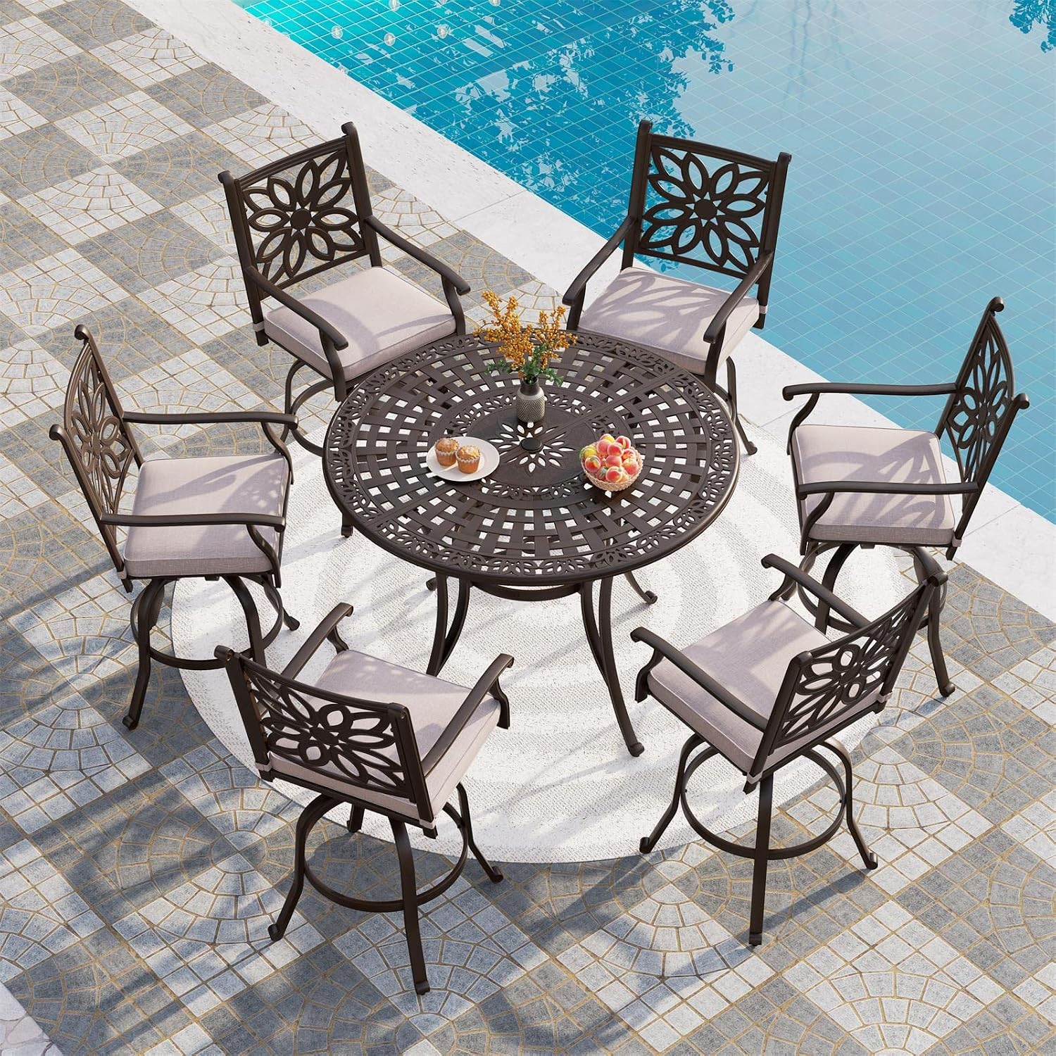 PHI VILLA Cast Aluminum Round High Bar Dining Tables for 6 Person, 54' Dia Engraved Cast-Top Aluminum Table with 2.1' Umbrella Hole, Patio Bar Height Table for Lawn Garden