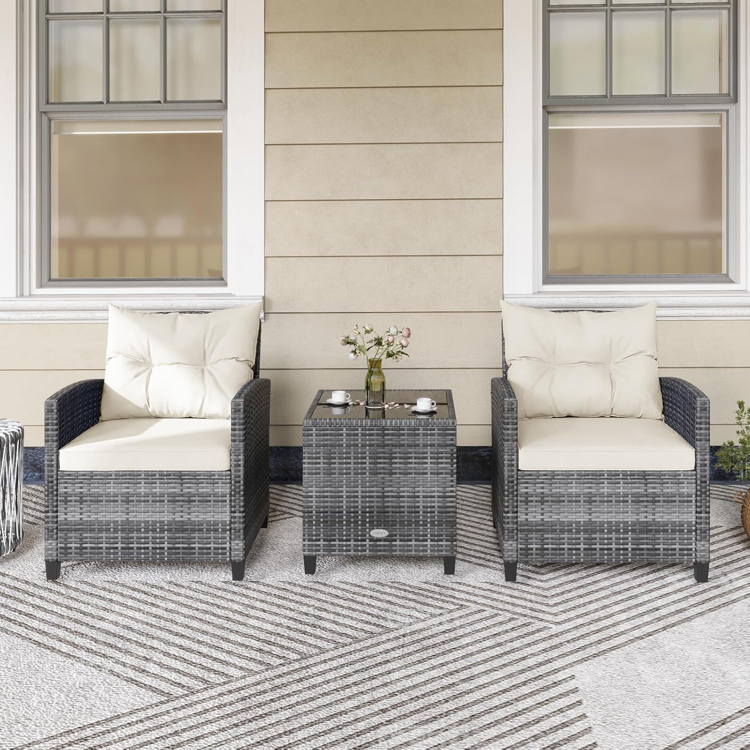KOTEK 3 Piece Patio Furniture Set, Outdoor PE Rattan Conversation Set with Washable Cushions & Tempered Glass Tabletop, Wicker Chairs and Table Set for Porch, Garden, Balcony (White)