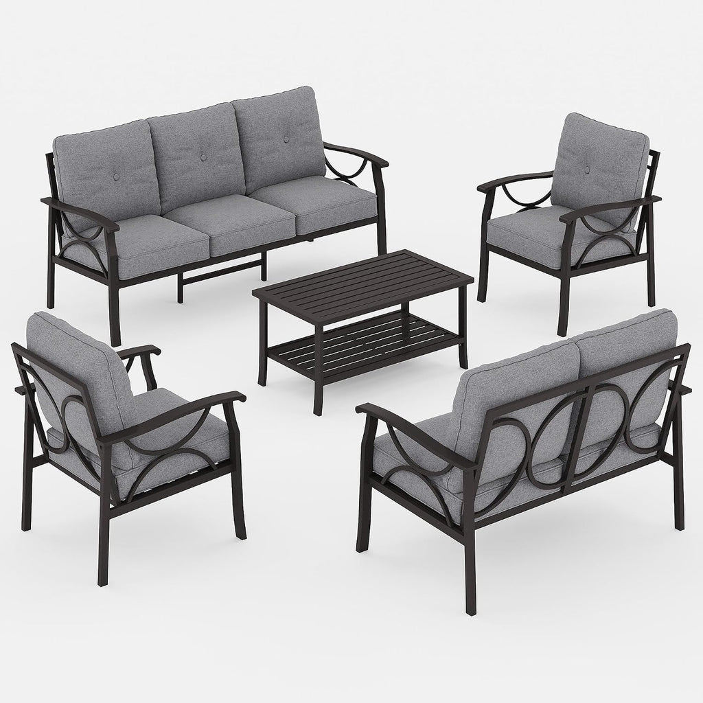 FansaFurn 5-Piece Outdoor Patio Furniture Set, Outdoor Metal Sectional Furniture with Cushions, Outdoor Conversation Seating Set with Coffee Table for Balcony, Garden, Deck, Backyard, Grey