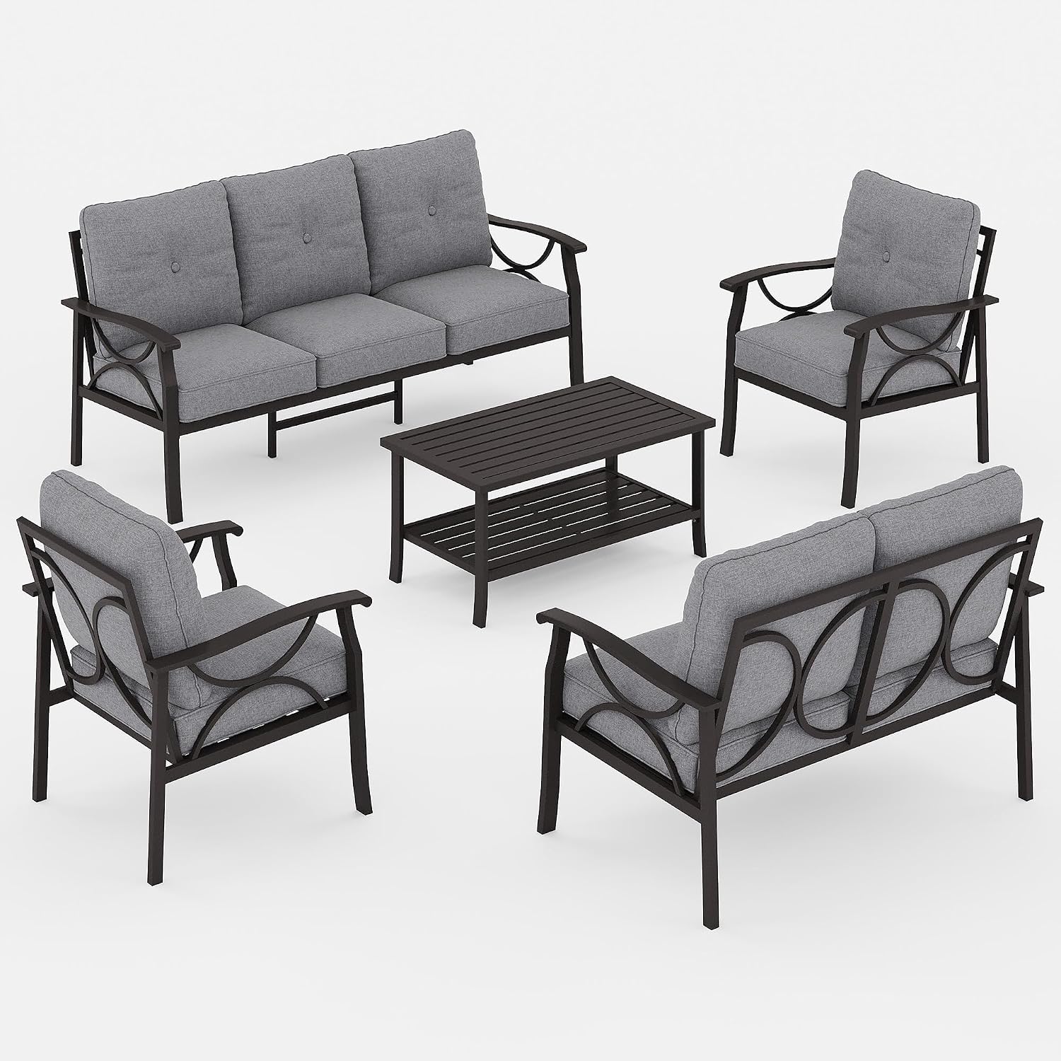 FansaFurn 5-Piece Outdoor Patio Furniture Set, Outdoor Metal Sectional Furniture with Cushions, Outdoor Conversation Seating Set with Coffee Table for Balcony, Garden, Deck, Backyard, Grey
