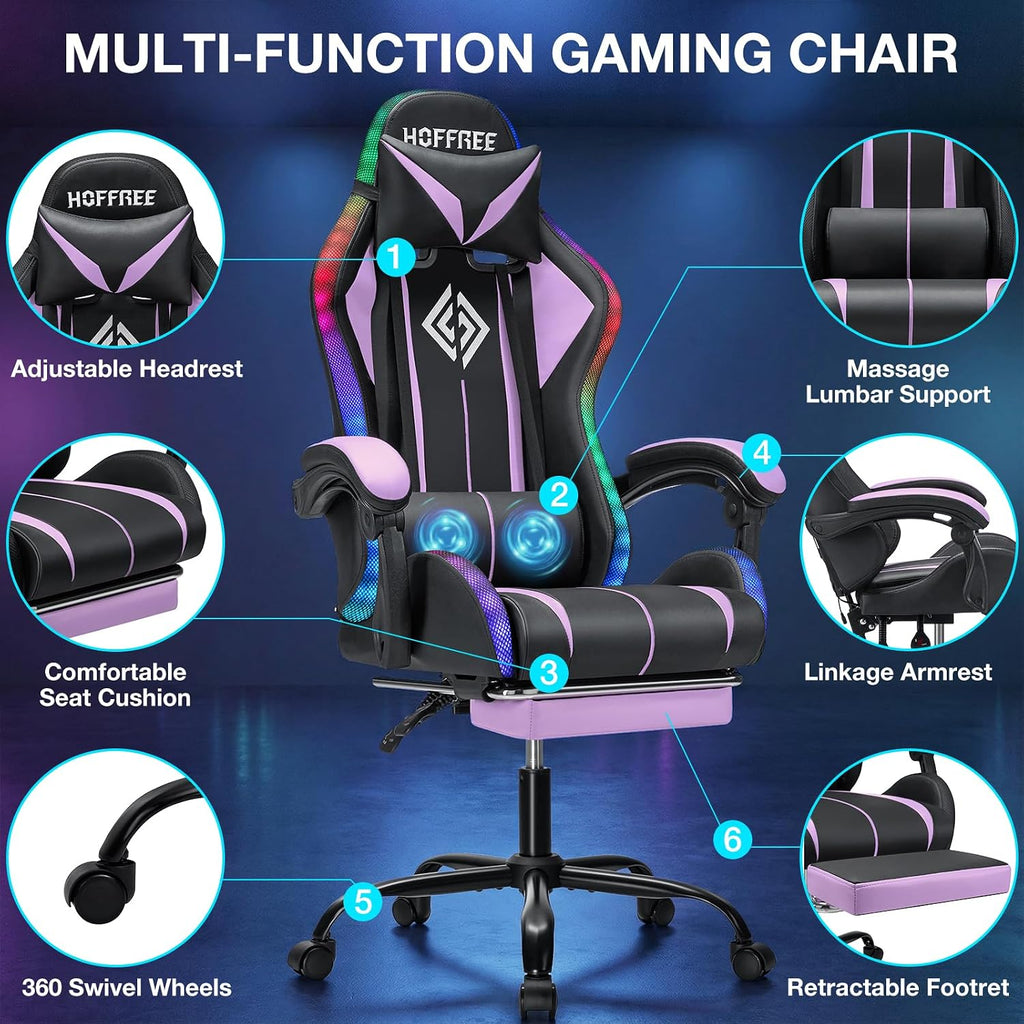 RGB Gaming Chair Massage with LED Lights Ergonomic Computer Gaming Chair with Footrest High Back Video Game Chairs with Adjustable Lumbar Support Purple and Black