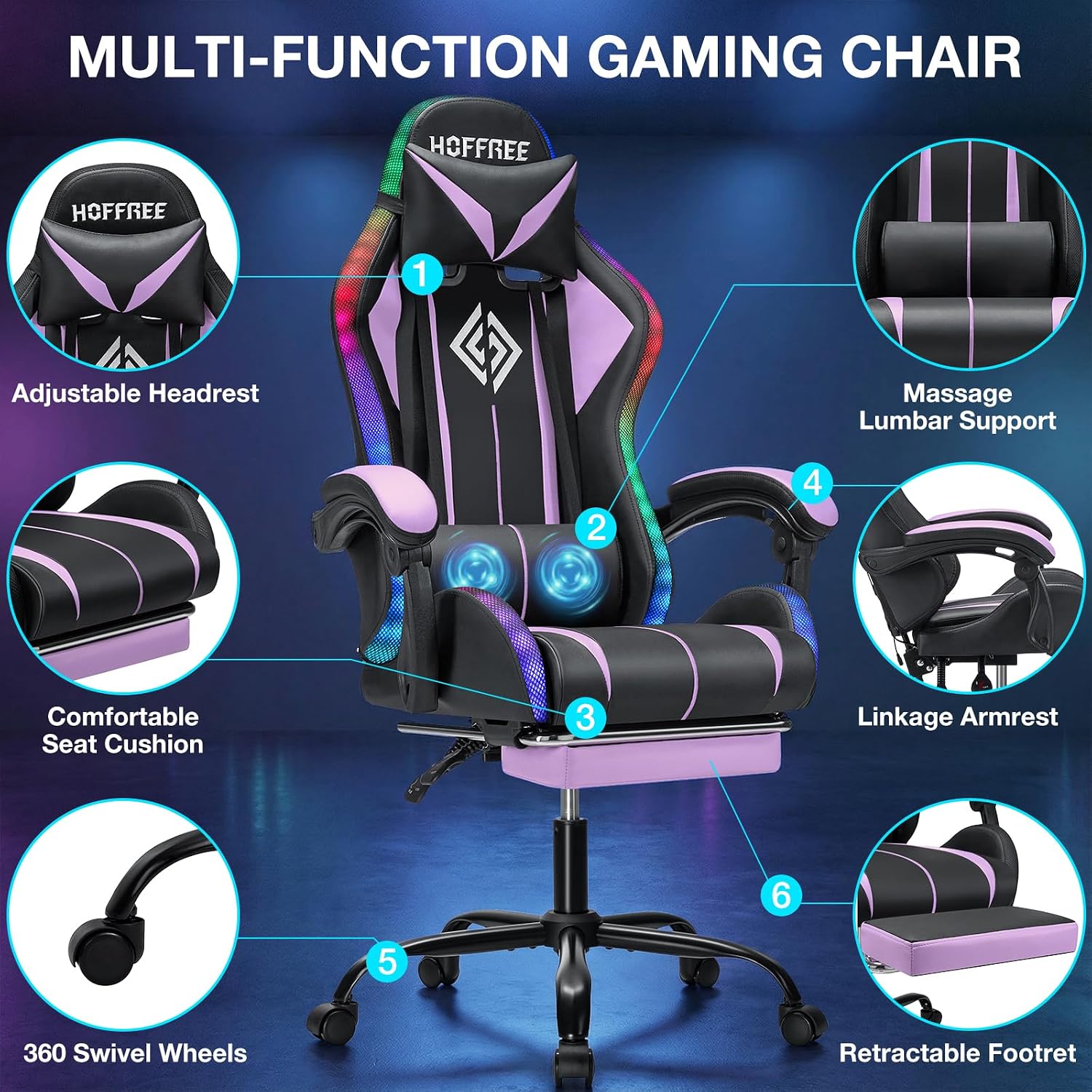 RGB Gaming Chair Massage with LED Lights Ergonomic Computer Gaming Chair with Footrest High Back Video Game Chairs with Adjustable Lumbar Support Purple and Black