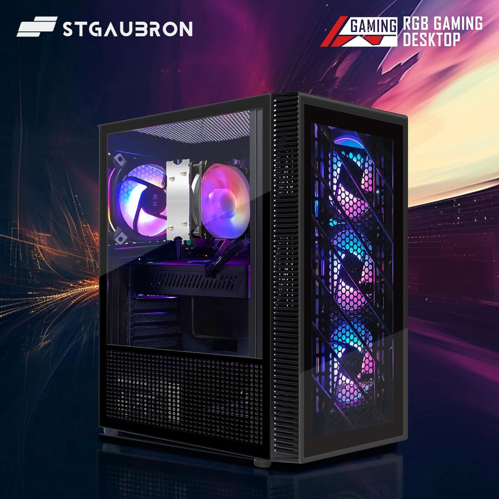 STGAubron Gaming PC Bundle with 24 inch FHD LED Monitor- AMD Ryzen 5 5500 up to 4.2GHz, Radeon RX 580 8G, 16G DDR4, 512G SSD, RGB Fan x4, Windows 11 Home