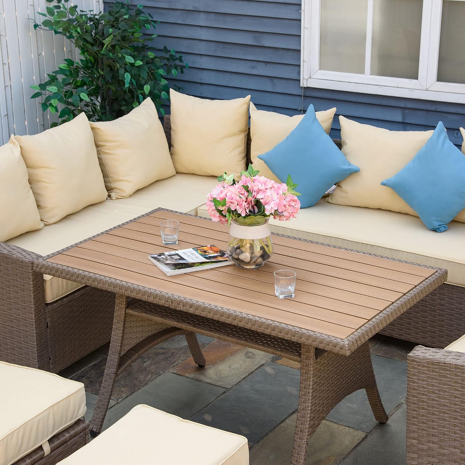 Outsunny 6 Piece Patio Furniture Set, PE Wicker Outdoor Furniture Conversation Set with 3 Sofas, 2 Ottomans and Slatted WPC Top Dining Table, All Weather Sectional Sofa Couch with Pillows, Khaki