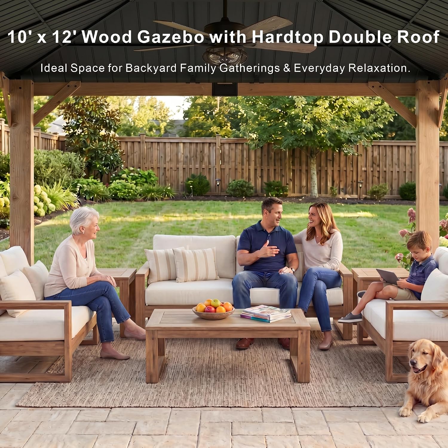 10' x 12' Wood Gazebo, Hardtop Gazebo Permanent Wooden Pavilion with Galvanized Steel Double Roof, Cedar Outdoor Gazebo with 4.72' Thick Posts for Patio, Backyard, Garden and Deck