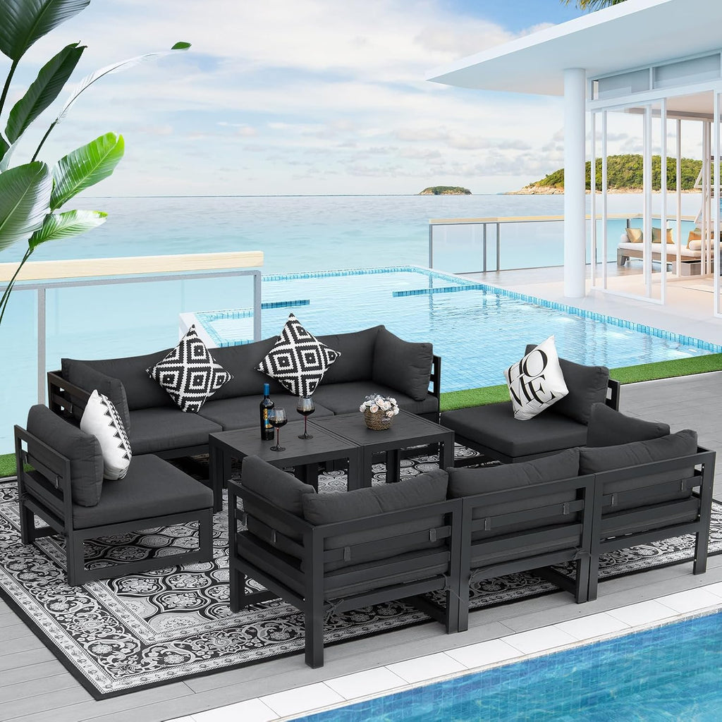 RADIATA 10 Piece Modern Aluminum Outdoor Patio Furniture Set, 29' Wide Deep Seating, Fade Water Resistant U Shaped Modular Sectional Couch, Large Comfy Conversation Set for Backyard Garden, Dark Gray