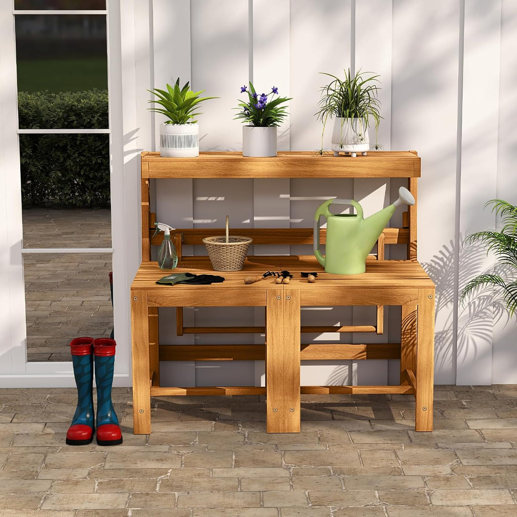Tangkula 3-in-1 Outdoor Acacia Wood Loveseat Bench Furniture, Patio Table and Chairs Set with Plant Rack Design, for Garden, Porch and Backyard