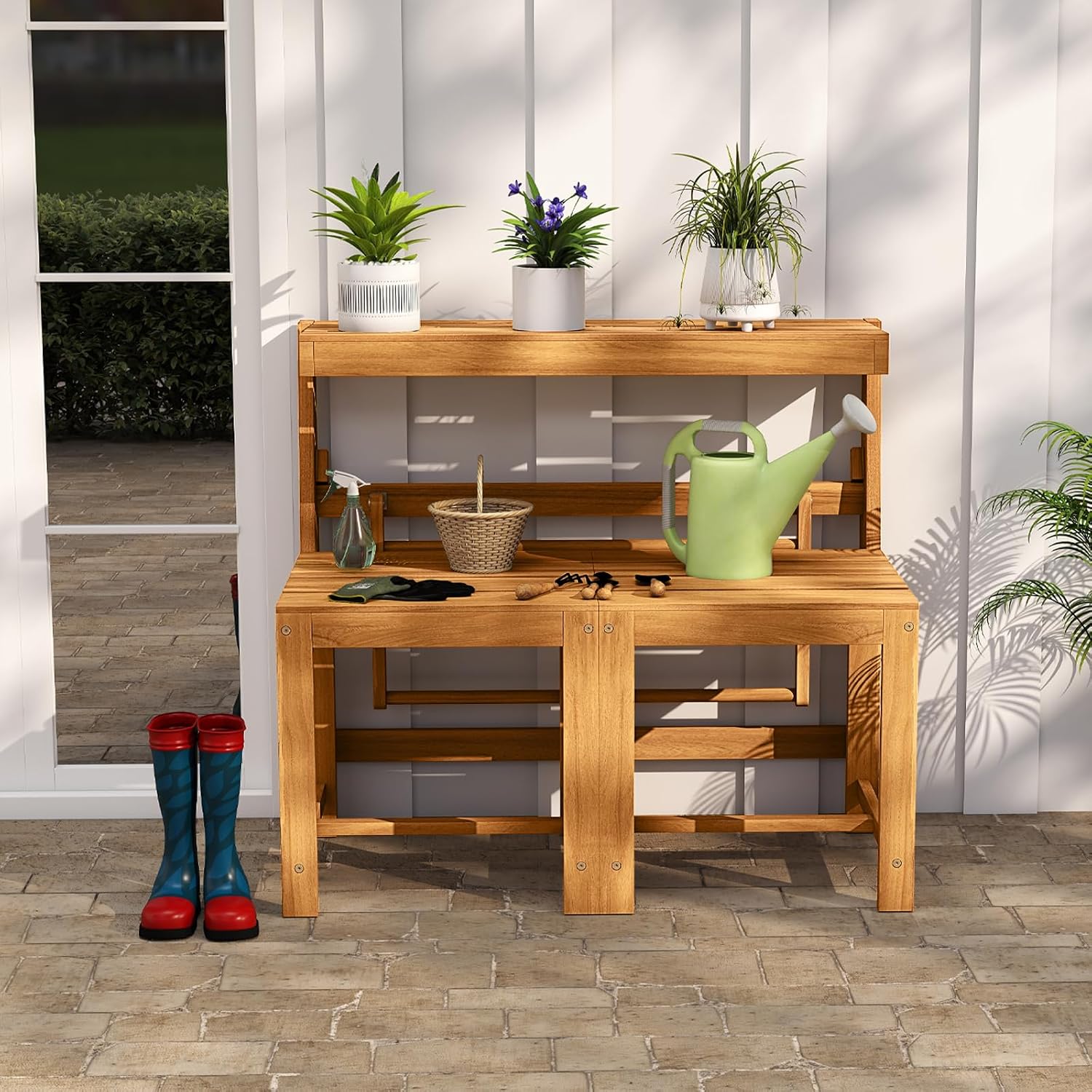 Tangkula 3-in-1 Outdoor Acacia Wood Loveseat Bench Furniture, Patio Table and Chairs Set with Plant Rack Design, for Garden, Porch and Backyard