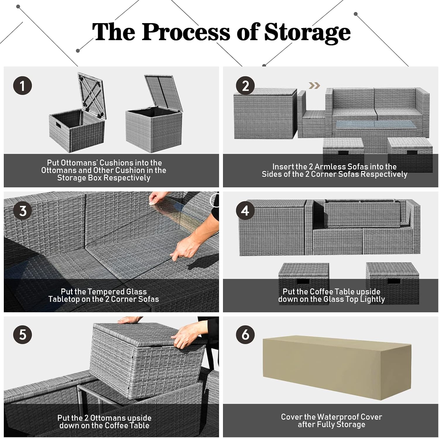 Tangkula 8 Piece Patio Wicker Furniture Set, Patiojoy Space Saving Outdoor PE Rattan Conversation Set with Storage Box & Waterproof Cover, Coffee Table, 2 Ottomans, 2 Armless Sofas & 2 Corner Sofas