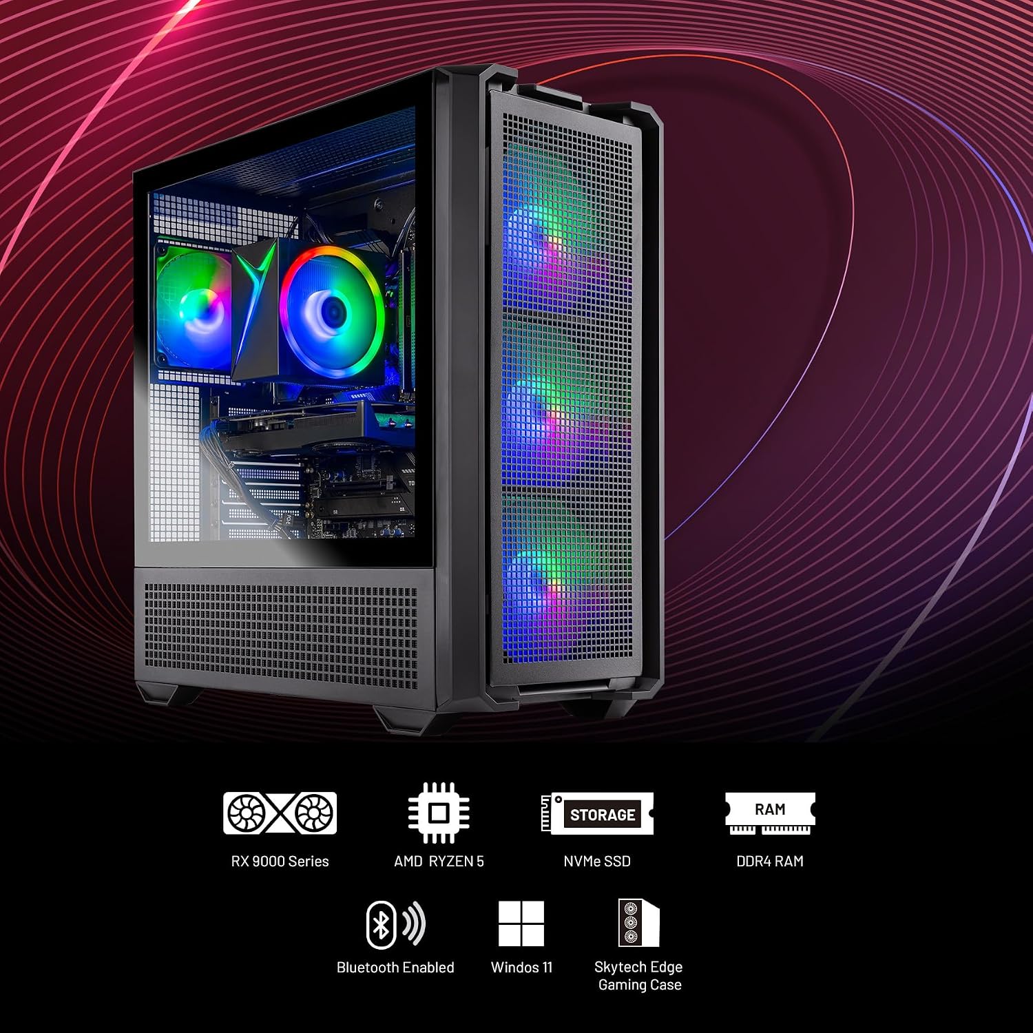 Skytech Gaming Edge Desktop PC, Ryzen 5 5500 3.6 GHz (4.2GHz), AMD RX 9060XT 8GB, 1TB NVMe SSD, 16GB DDR4 RAM 3200, 650W Gold PSU, Wi-Fi, Win 11