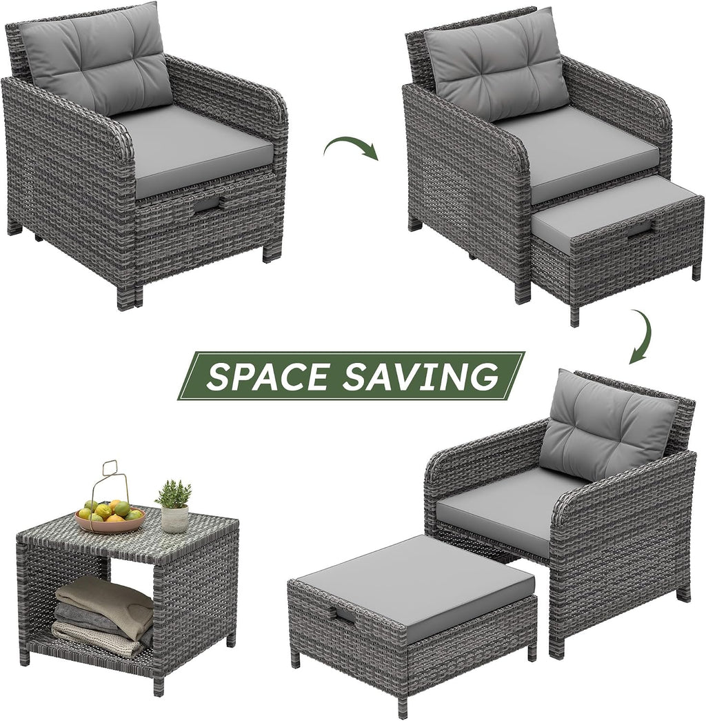 5 Pieces Patio Furniture Set, Hand-Woven Rattan Patio Conversation Set with Soft Cushions & Coffee Table, Outdoor Chairs with Hidden Ottoman for Porch, Lawn, Garden, Balcony, Grey