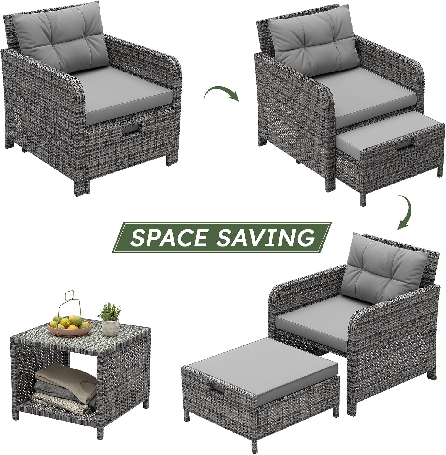 5 Pieces Patio Furniture Set, Hand-Woven Rattan Patio Conversation Set with Soft Cushions & Coffee Table, Outdoor Chairs with Hidden Ottoman for Porch, Lawn, Garden, Balcony, Grey