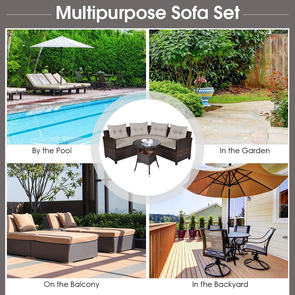 Tangkula 4-Piece C Shape Patio Furniture Set, Outdoor Corner Wicker Rattan Sectional Cushioned Sofa Set, with Glass Coffee Table, for Garden Poolside Balcony (Beige)