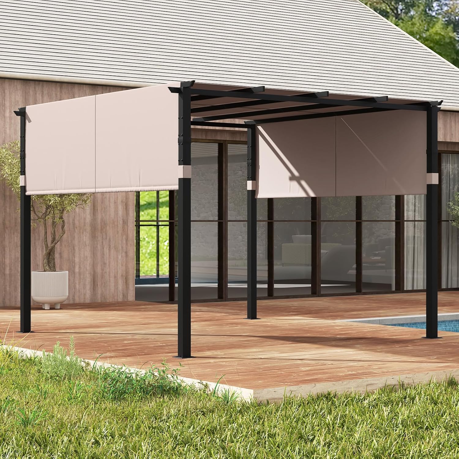 Tangkula 10x10 Ft Pergola With 2-Piece Retractable Sun Shade Canopy, Extra Large Patio Shelter Pavilion for Deck, Porch, Garden, Yard (Beige)
