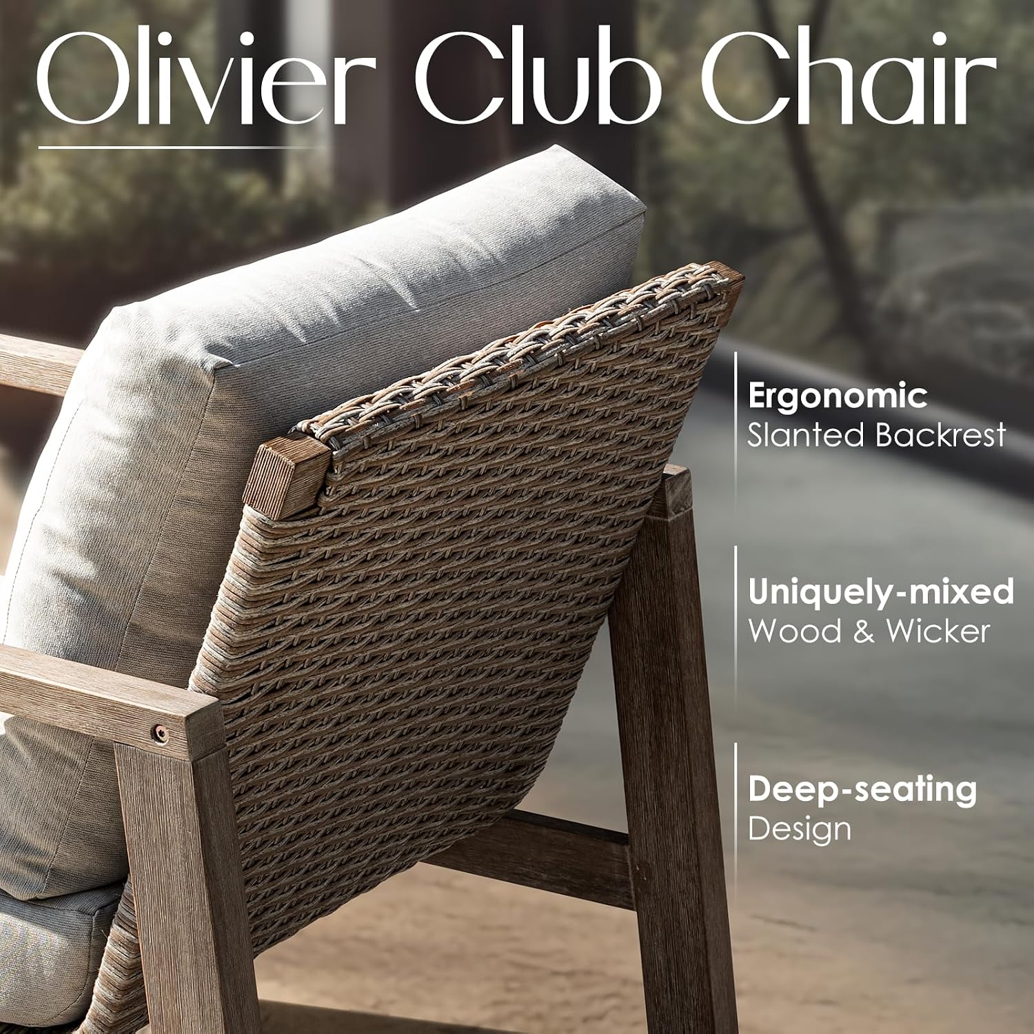 IDZO Olivier Premium Eucalyptus Outdoor Club Chairs Set of 2, 400lbs Heavy Duty Patio Furniture Set, Ergonomic Slanted Backrest Design, 4.5in Thick Cushion, Wood Wicker Silver Gray