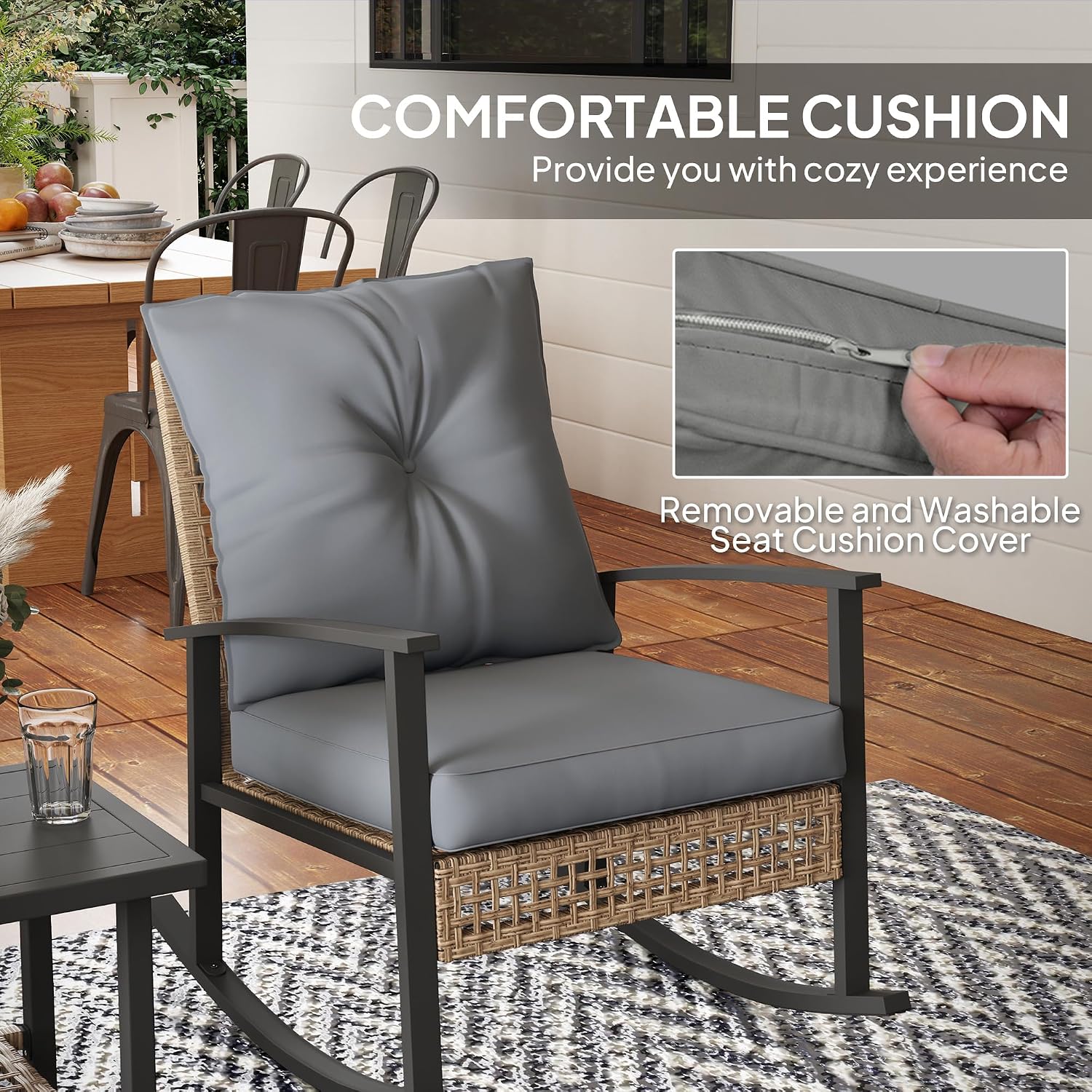 Outsunny 3 Pieces Rocking Wicker Outdoor Bistro Set, Rattan Patio Furniture Set with Coffee Table and Porch Chairs, Button Tufted Cushions for Backyard, Balcony, Garden, Gray