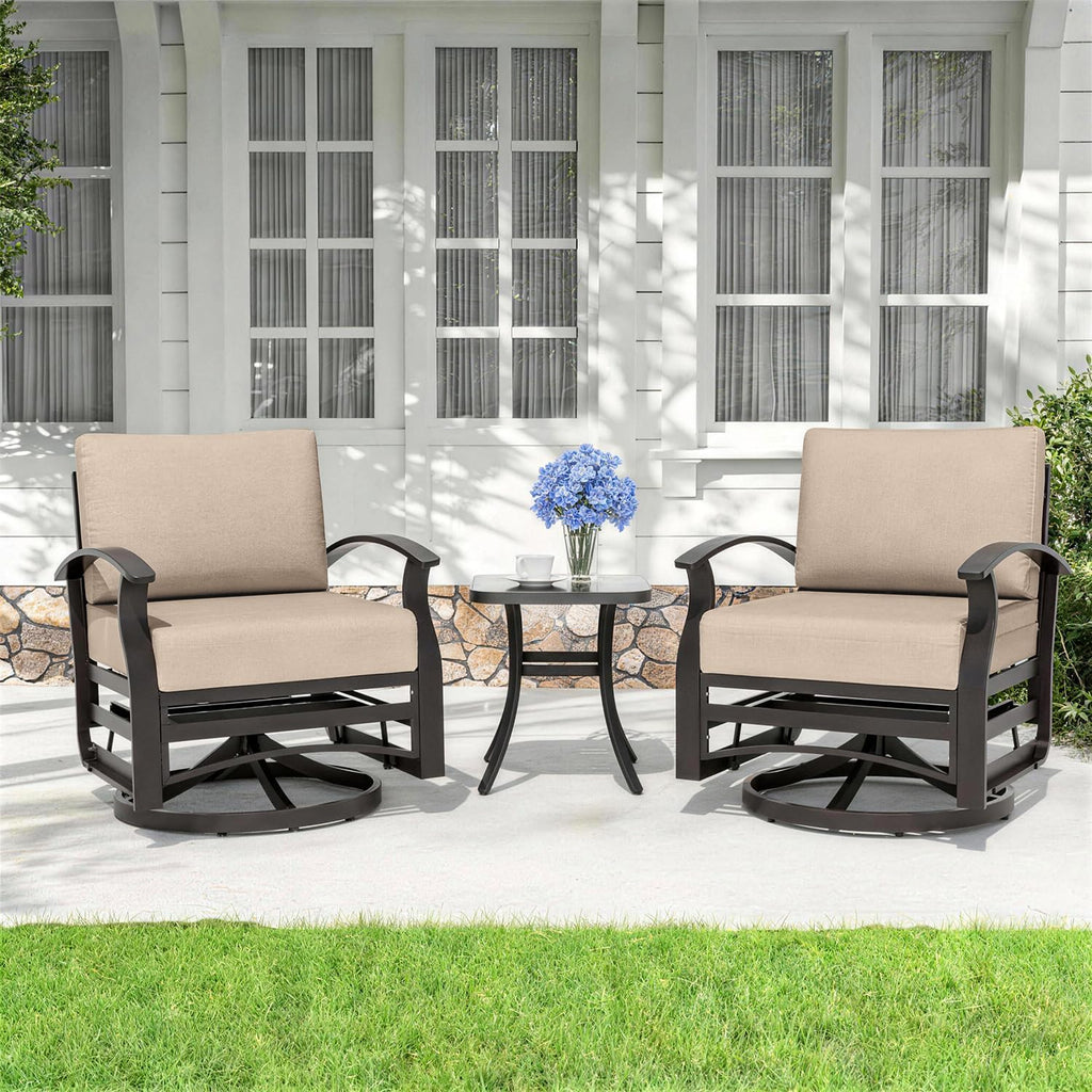 Kurapika 3 Pieces Patio Furniture Set, Outdoor Aluminum Swivel Gliders Rocker, Patio Bistro Set Rocking Chair with Thickened Cushions and Side Table for Porch Garden Deck (Sand)