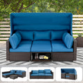 HOMREST 6 Pieces Patio Furniture Sets, Rattan Daybed with Retractable Canopy, Outdoor Sectional Sofa Set with Adjustable Backrest, Chaise Chair Sunbed for Garden Poolside Backyard(Blue)