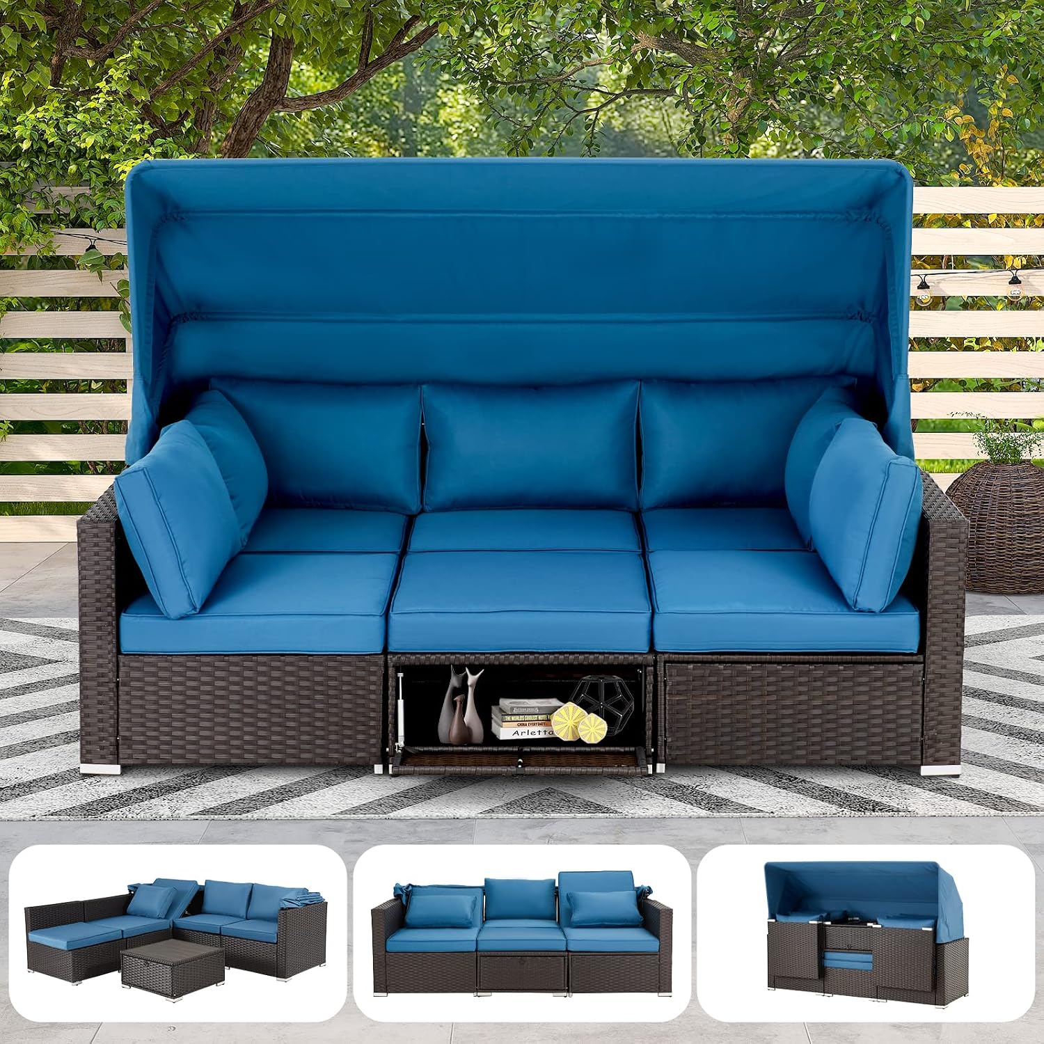 HOMREST 6 Pieces Patio Furniture Sets, Rattan Daybed with Retractable Canopy, Outdoor Sectional Sofa Set with Adjustable Backrest, Chaise Chair Sunbed for Garden Poolside Backyard(Blue)