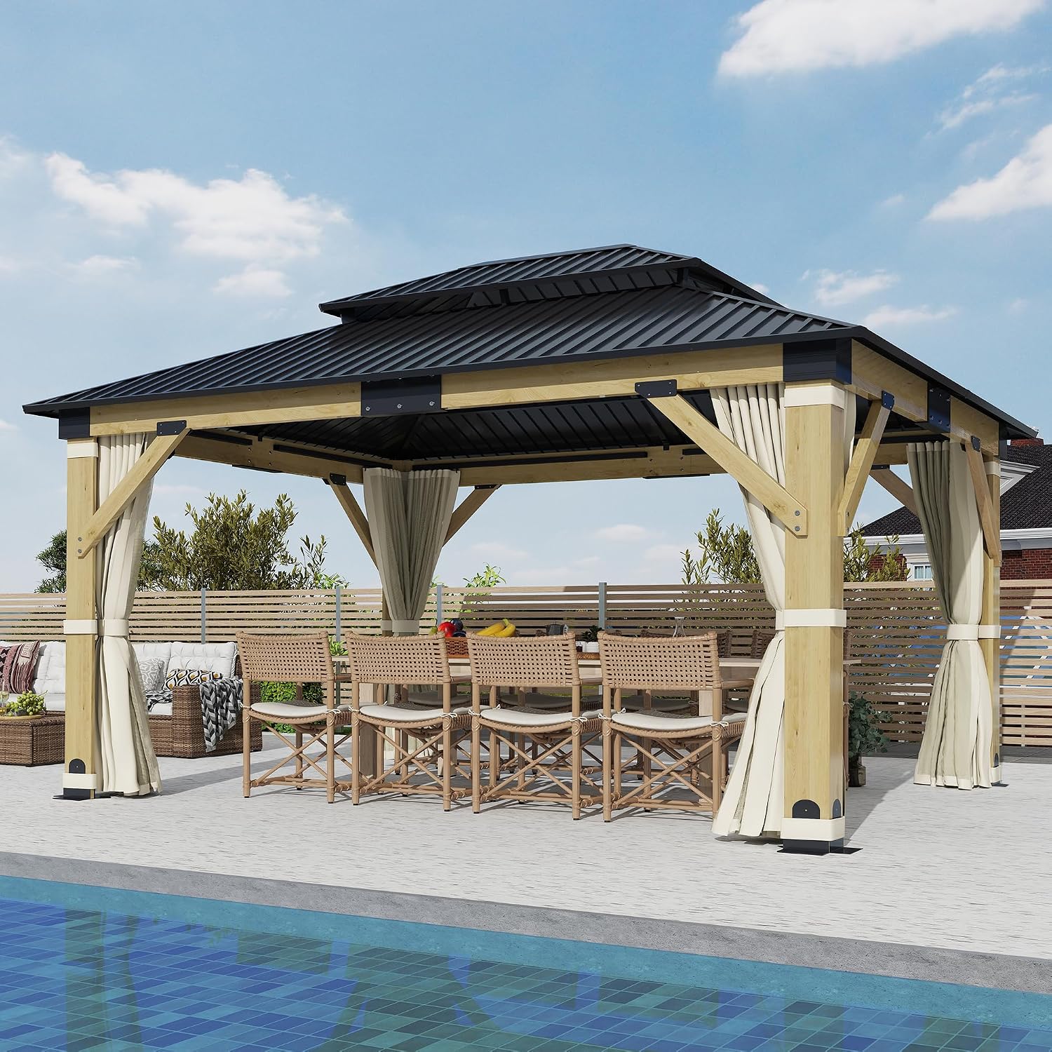 GARTOO 13'x15' Outdoor Patio Wooden Gazebo - Galvanized Steel Hardtop with Double Curtains, Vented Wood for Garden, Porch, Lawn, Poolside, Backyard