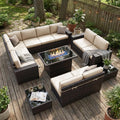 LayinSun 13 Pieces Outdoor Patio Furniture Set with 44' Fire Pit Table Brown Rattan Sectional Sofa Conversation Sets