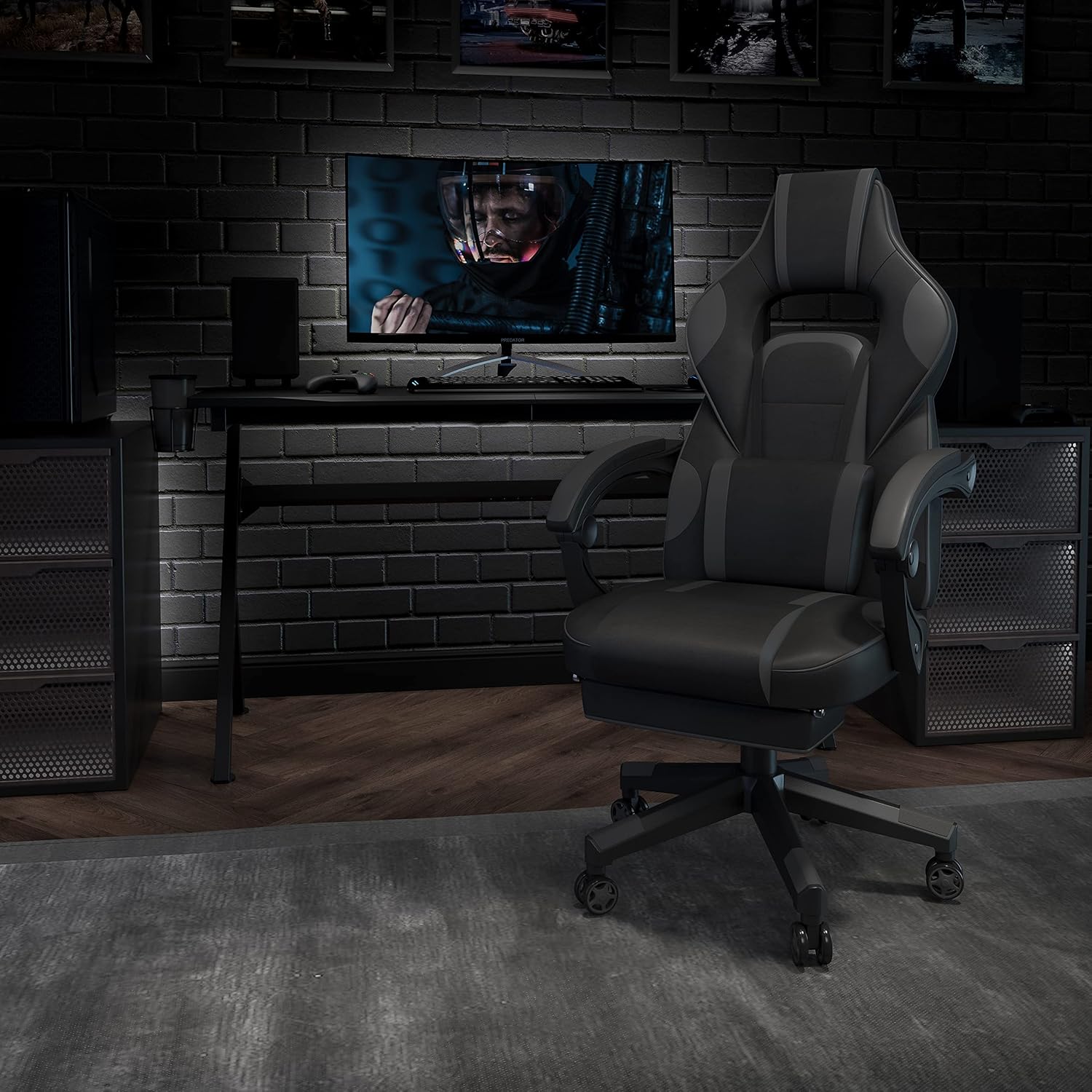 EMMA + OLIVER Black/Gray Ergonomic Gaming Chair -Recline Back/Arms, Footrest, Massaging Lumbar
