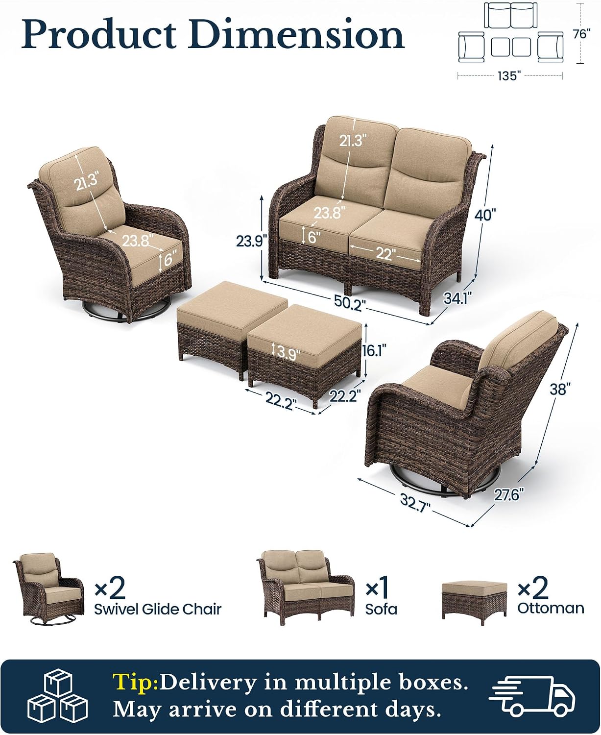 HILLGA Luxury High Back Patio Furniture Set with 6-Inch Thick Cushion, 5-Piece Outdoor Conversation Set with Loveseat, Swivel Rocker Chairs & Ottomans, Ideal for Porch Pool Deck Yard (Beige)