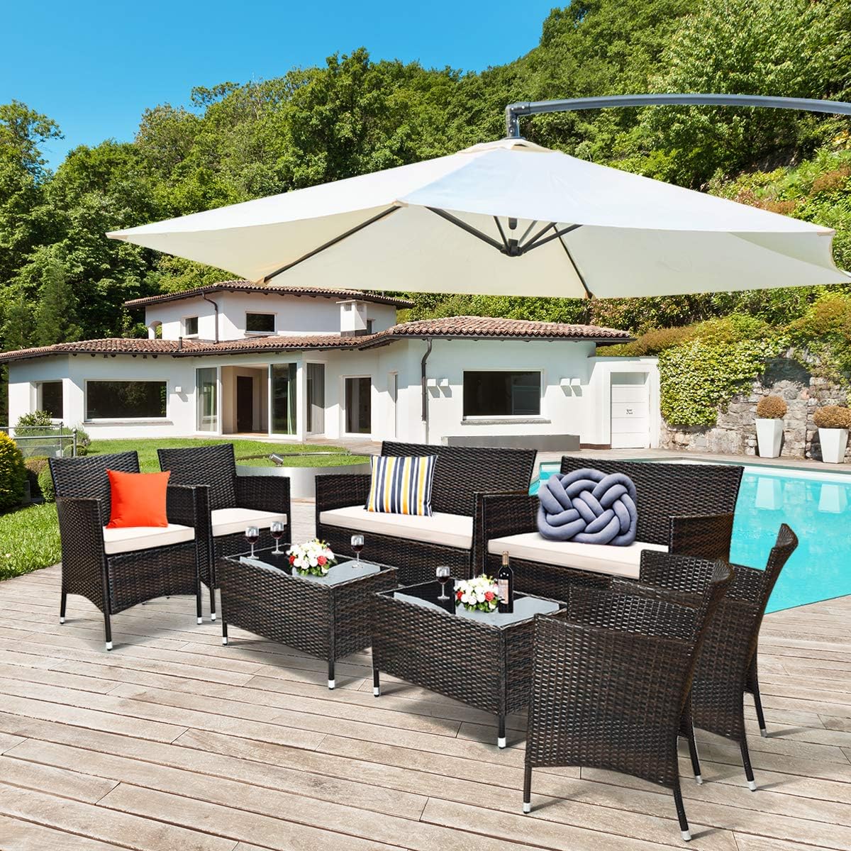 Tangkula 8 PCS Patio Rattan Conversation Set, Outdoor Wicker Furniture Set with Tempered Glass Coffee Table &Thick Cushion, Rattan Chair Wicker Set for Garden, Lawn, Poolside and Backyard (2, Brown)