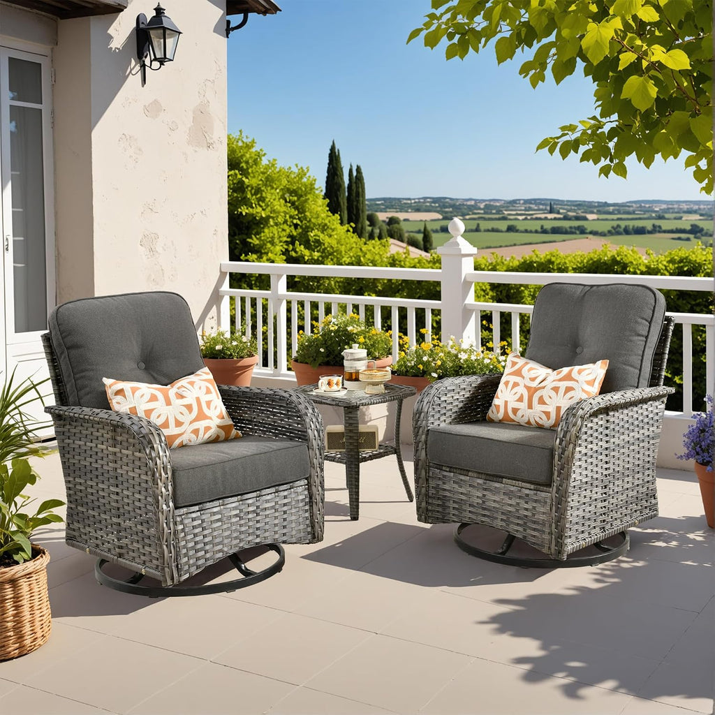 CAODOC 3-Piece Swivel Rocking Rattan Chair Outdoor, Patio Bistro Furniture Conversation Set, Wicker Chair with Coffee Table Black