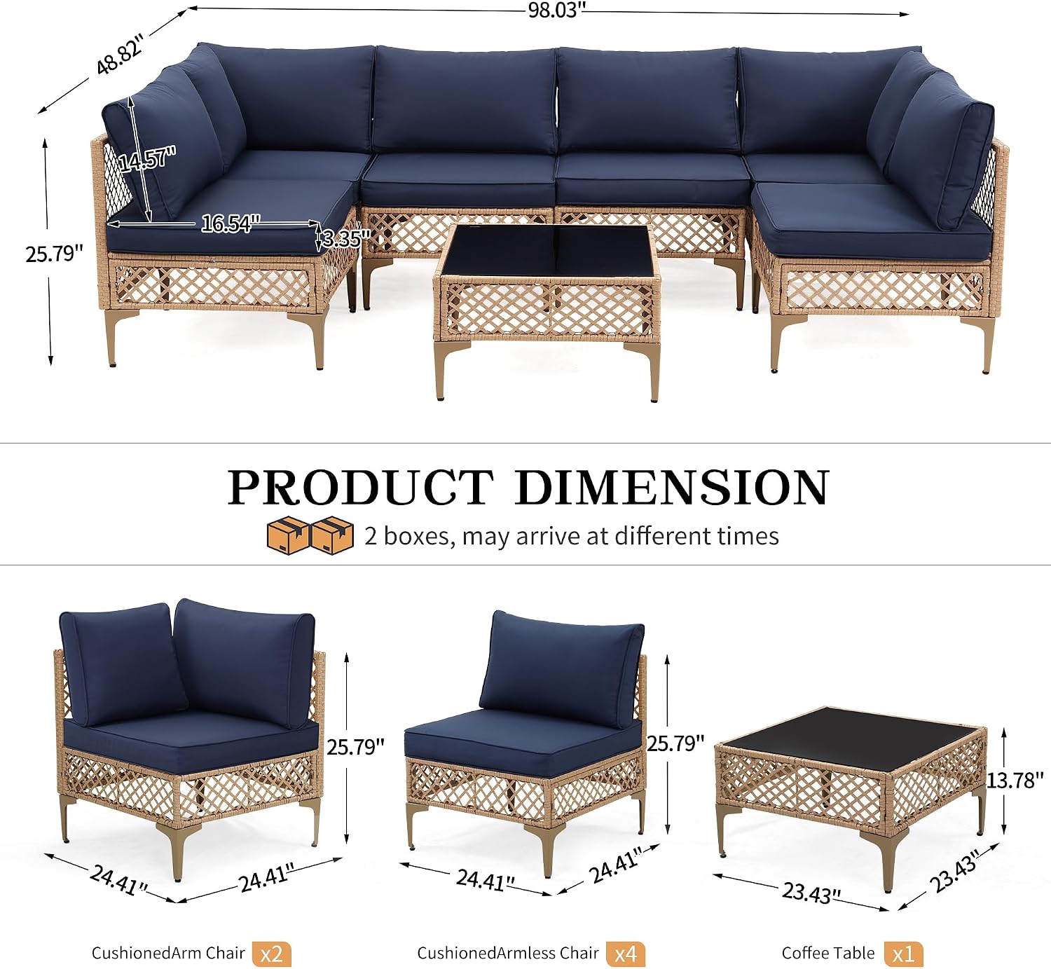 FHFO 7 Piece Patio Furniture Set, Outdoor Wicker Modular Sectional Patio Conversation Set with Thicker Cushion & Tempered Glass Coffee Table for Backyard, Poolside, Porch (Yellow/Blue)